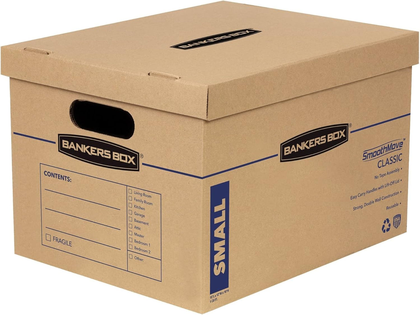 Bankers Box Small Classic Moving Box 10 Pack, Reinforced Handles, Tape-Free Assembly, Box with Lid, 15-In x 12-In x 10-In (7714901)