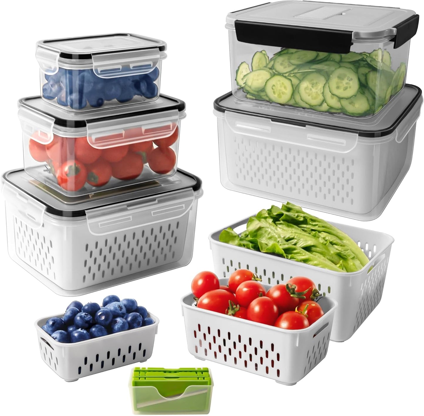 5 PCS Large Fruit Containers for Fridge - Leakproof Food Storage Containers with Removable Colander - Dishwasher & microwave safe Produce Containers Keep Fruits, Vegetables, Berry, Meat Fresh longer