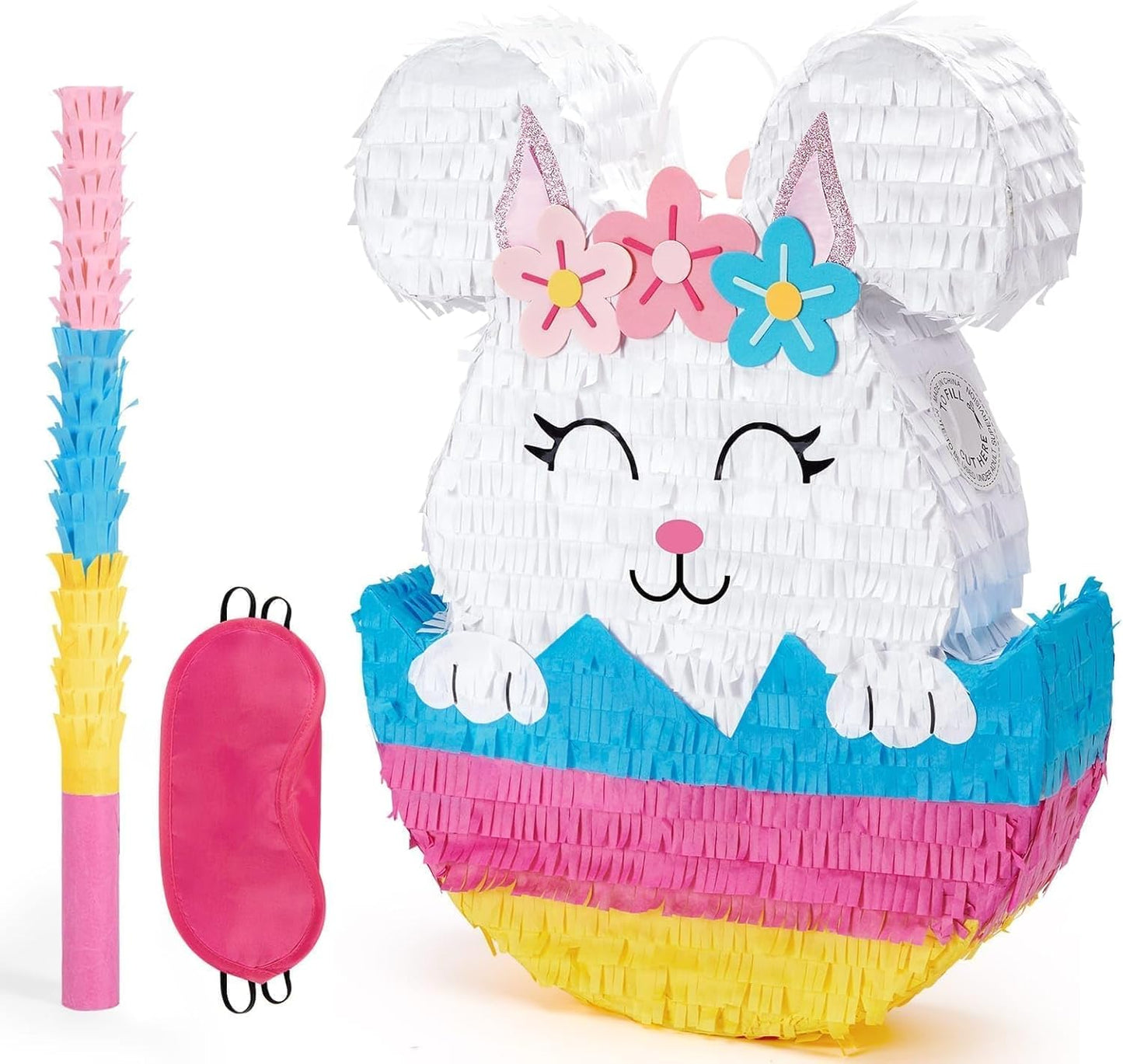 WERNNSAI Easter Bunny Piñata - Easter Rabbit Piñata Spring Pinata with Blindfold and Stick for Birthday Party Decoration Baby Shower School Activities Game Spring Party Game