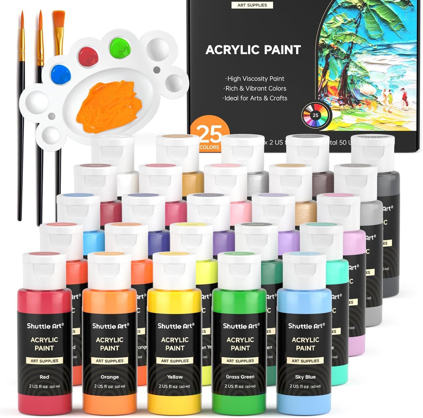 Shuttle Art Acrylic Paint, 50 Colors Acrylic Paint Set, 2oz/60ml Bottles, Rich Pigments, Water Proof, Premium for Artists, Beginners and Kids on Canvas Rocks Wood Ceramic Fabric