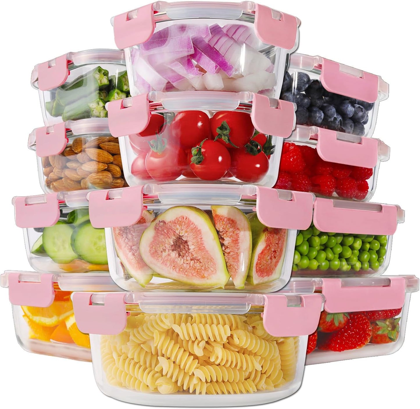 HOMBERKING 24pc Borosilicate Glass Food Storage Containers with Snap Locking Lids, Glass Meal Prep Containers, Airtight Lunch Boxes, Oven, Freezer and Dishwasher Safe, BPA Free, Kitchen Storage Set