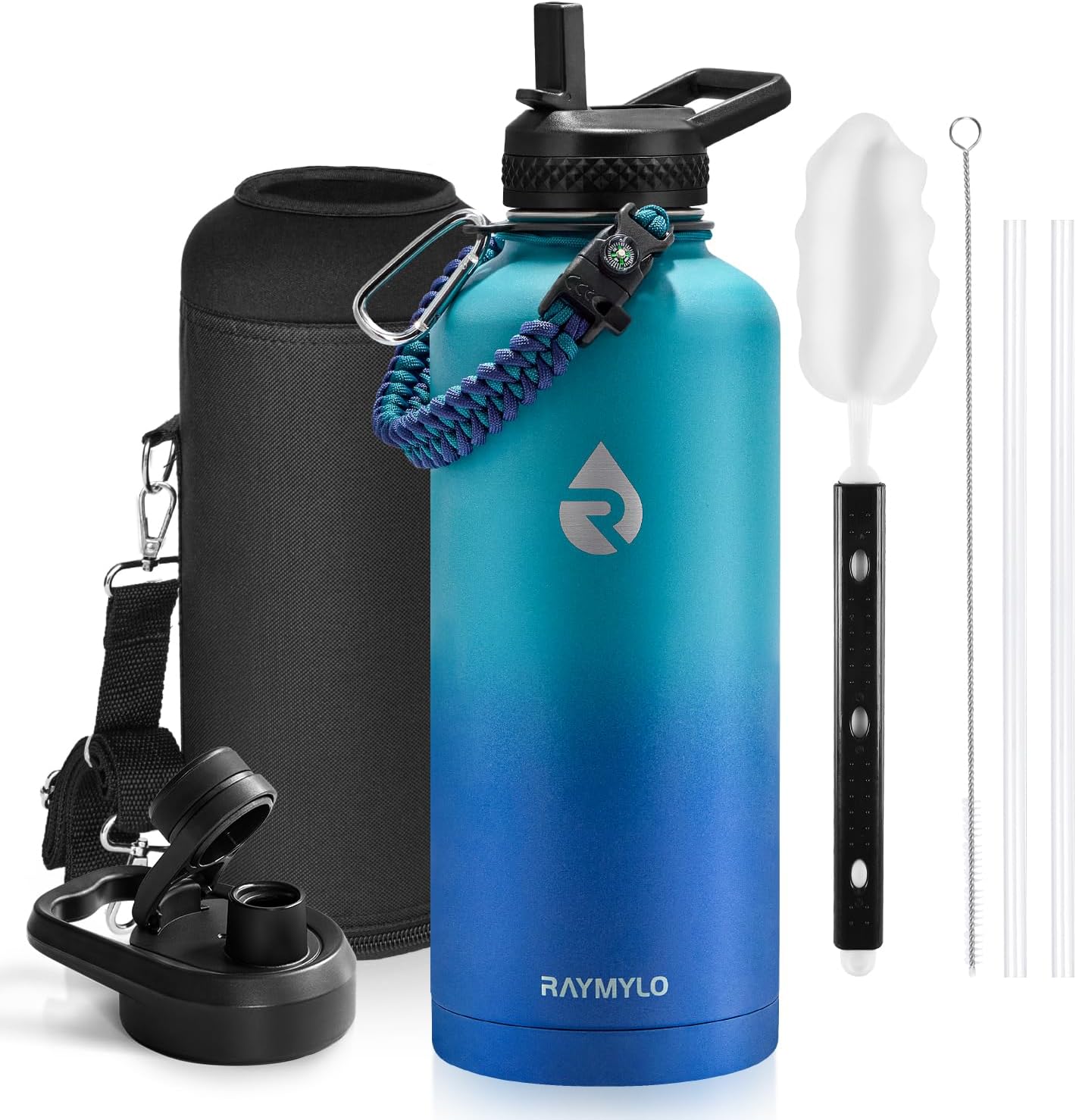 One Gallon Water Bottle Insulated, Triple Walled Vacuum Stainless Steel (Cold for 48 Hrs), Leak Proof & Non-BPA, Large Water Flask Jug with Paracord Handle & Straw Spout Lids
