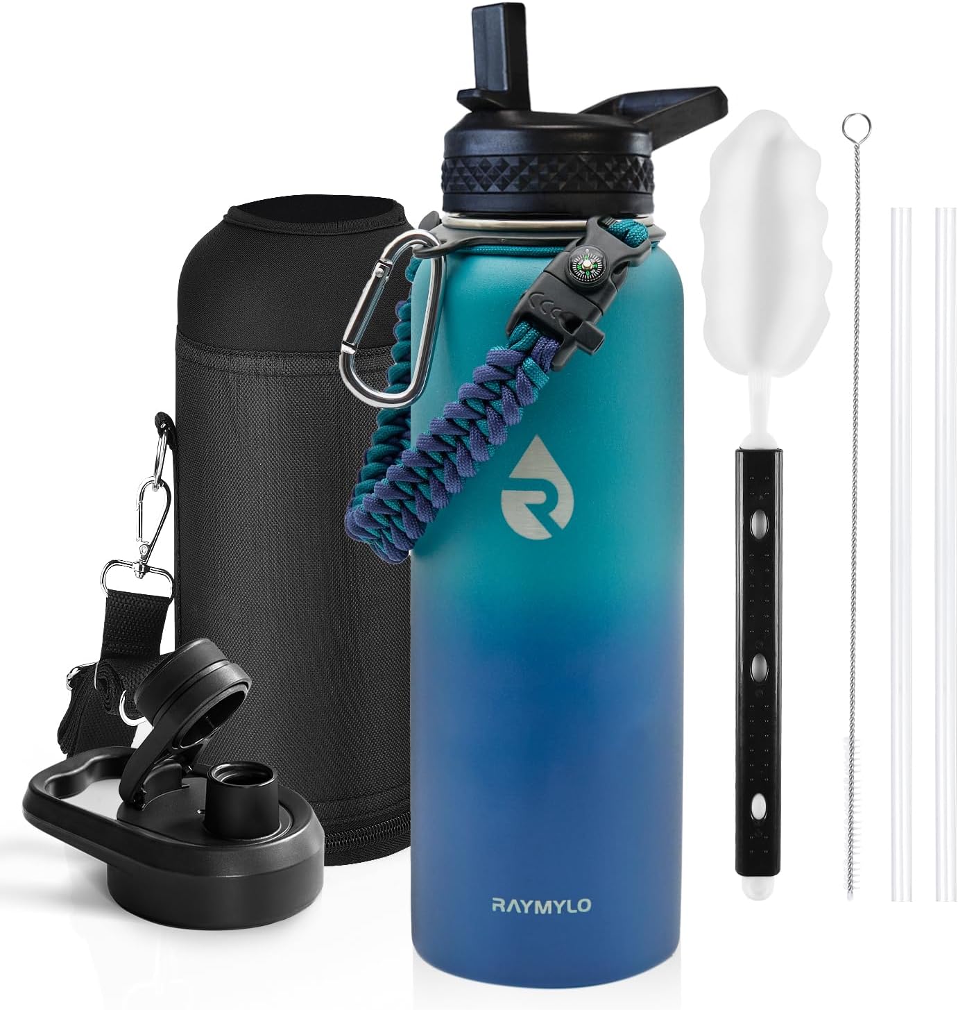 One Gallon Water Bottle Insulated, Triple Walled Vacuum Stainless Steel (Cold for 48 Hrs), Leak Proof & Non-BPA, Large Water Flask Jug with Paracord Handle & Straw Spout Lids