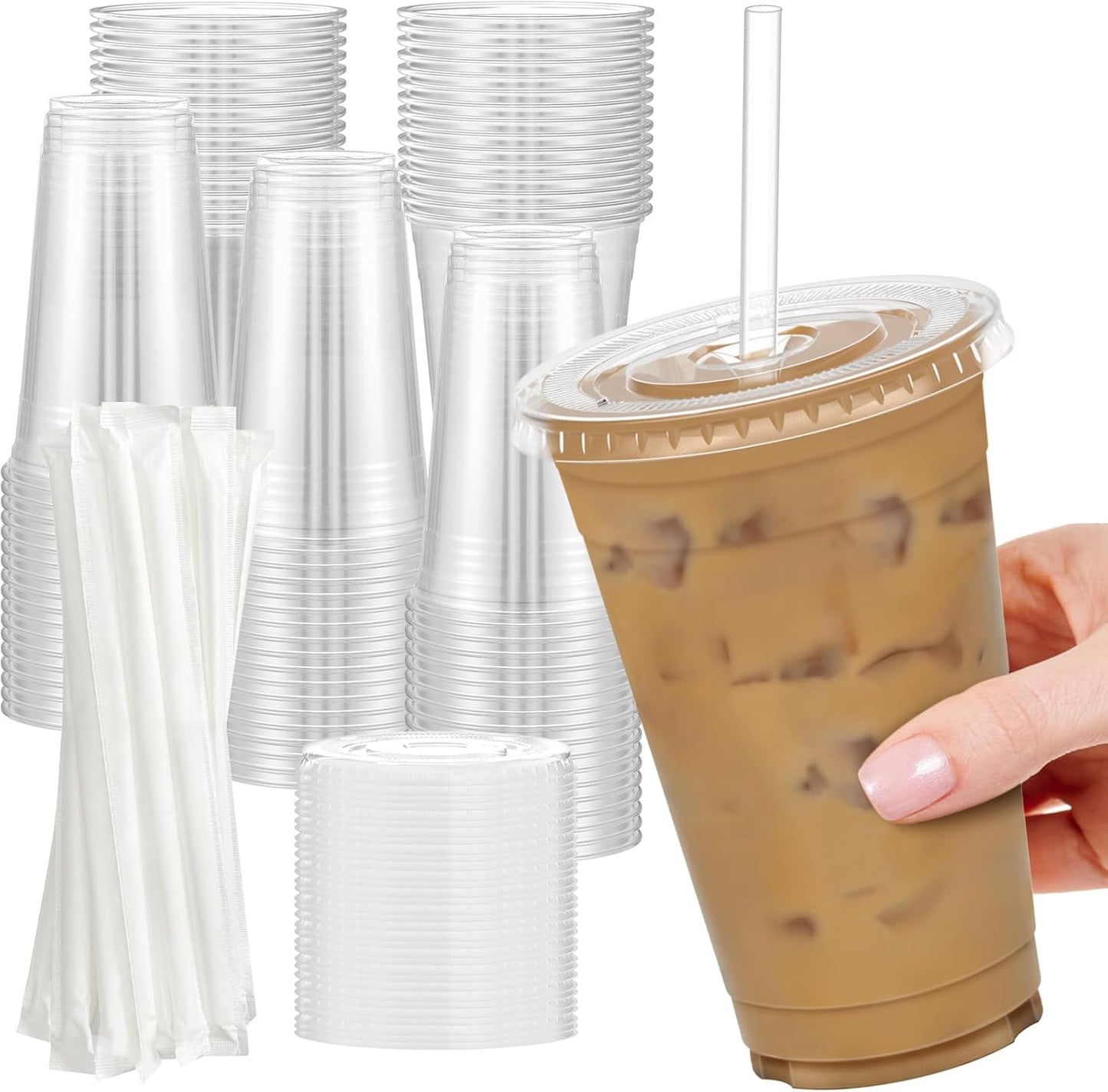 100 Pack 16 oz Clear Plastic Cups with Lids & Straws – Sturdy, Food-Safe Disposable Cups for Iced Coffee, Smoothies & Cold Drinks