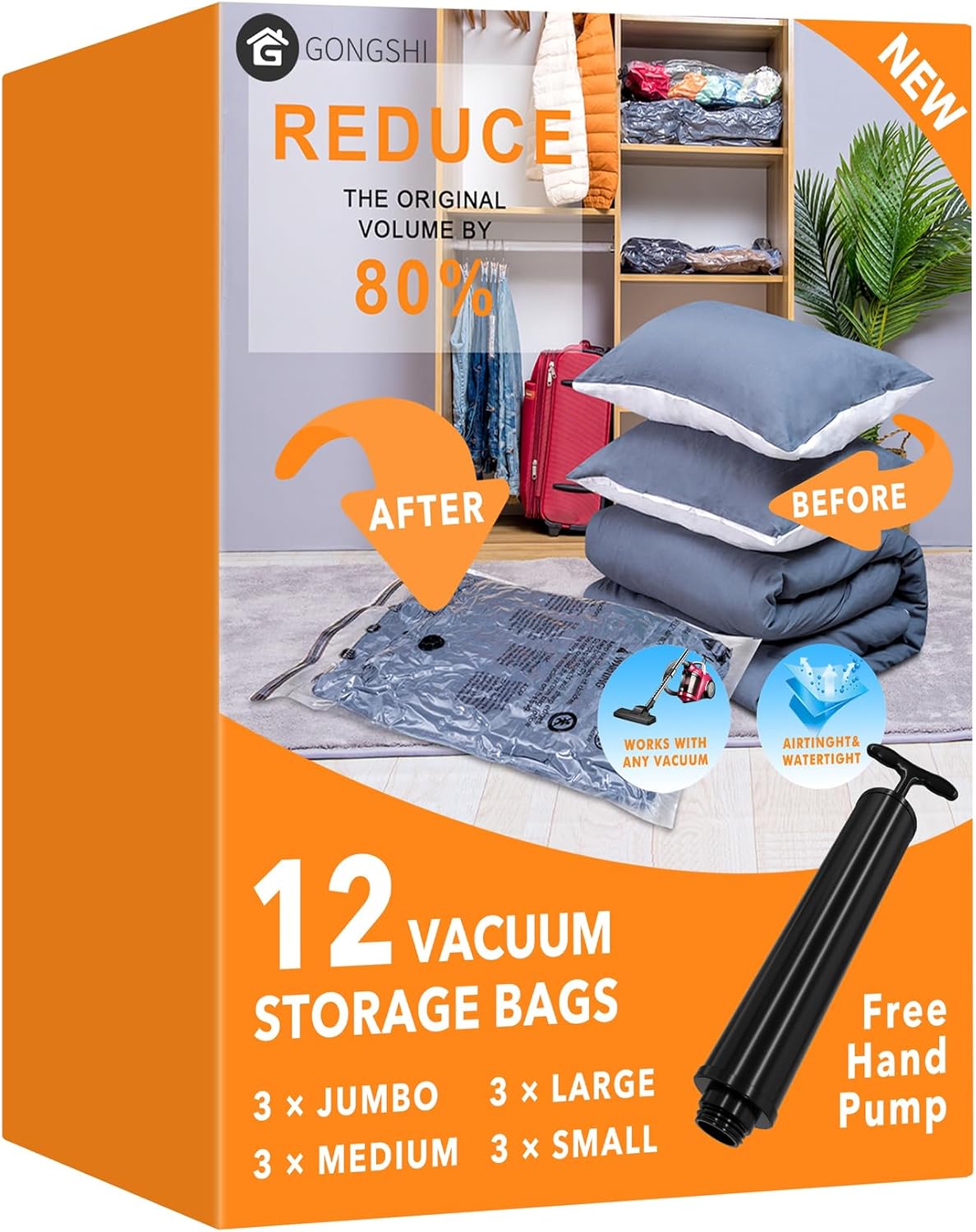 GONGSHI Vacuum Storage Bags, Space Saver Bags for Clothing,Blankets,Comforters, Pillows, Clothes,Travel,12 Jumbo