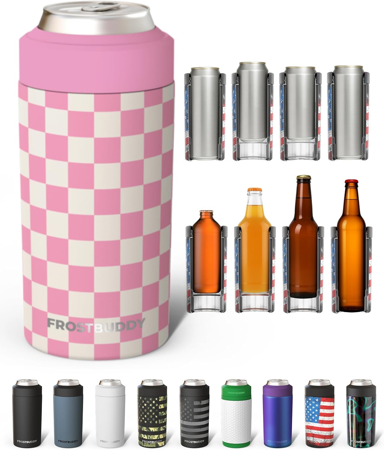 Frost Buddy Universal Can Cooler - Fits All - For Regular 12 & 16 oz or Slim-Size Bottles - Insulated Double-Walled Stainless Steel (MatteBlack)