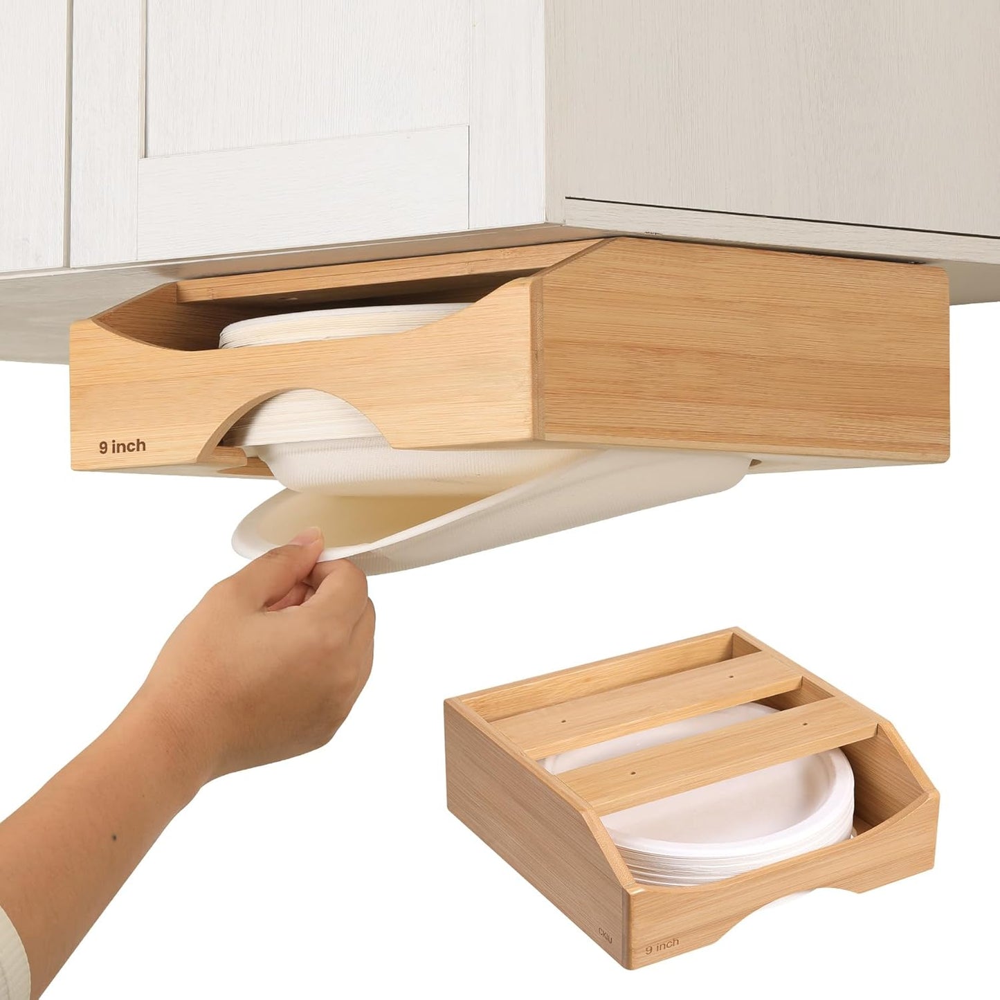 10-inch Paper Plate Dispenser Under Cabinet, Bamboo Paper Plate Holders, Kitchen Counter Vertical Plate Dispensers Holders Countertop Caddy(For 10-inch Plates, Bamboo)