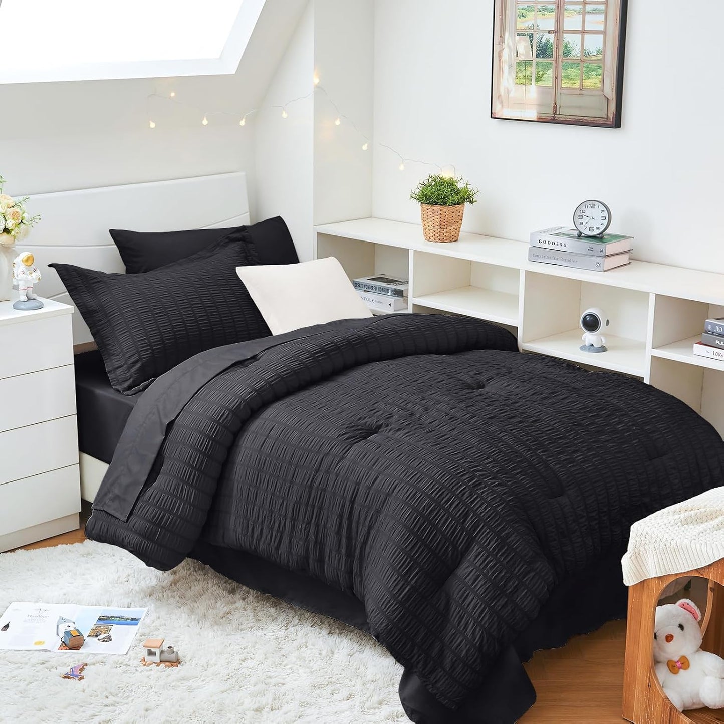 HYMOKEGE Queen Comforter Set Seersucker 7 Pieces, All Season Luxury Bed in a Bag for Bedroom, Bedding Set with Comforters, Sheets, Pillowcases & Shams, Dark Grey