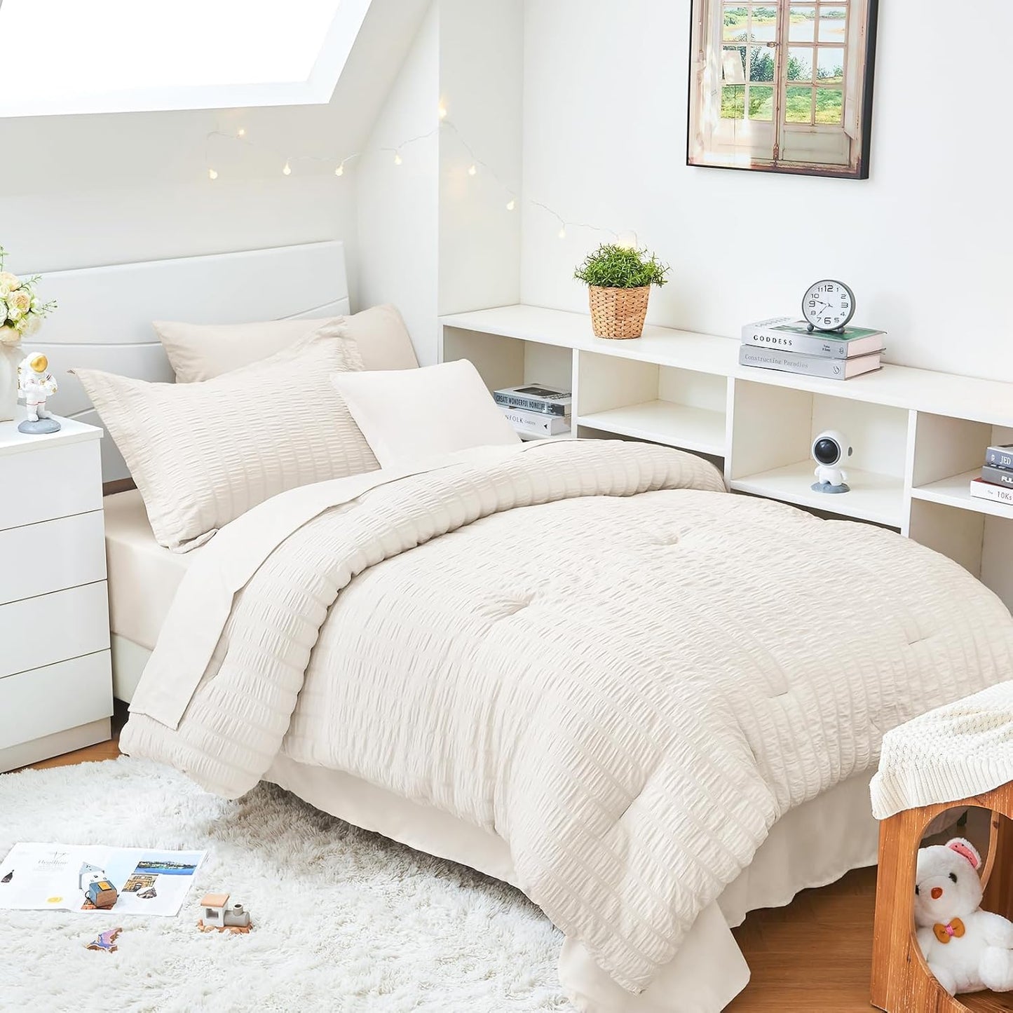 HYMOKEGE Queen Comforter Set Seersucker 7 Pieces, All Season Luxury Bed in a Bag for Bedroom, Bedding Set with Comforters, Sheets, Pillowcases & Shams, Dark Grey
