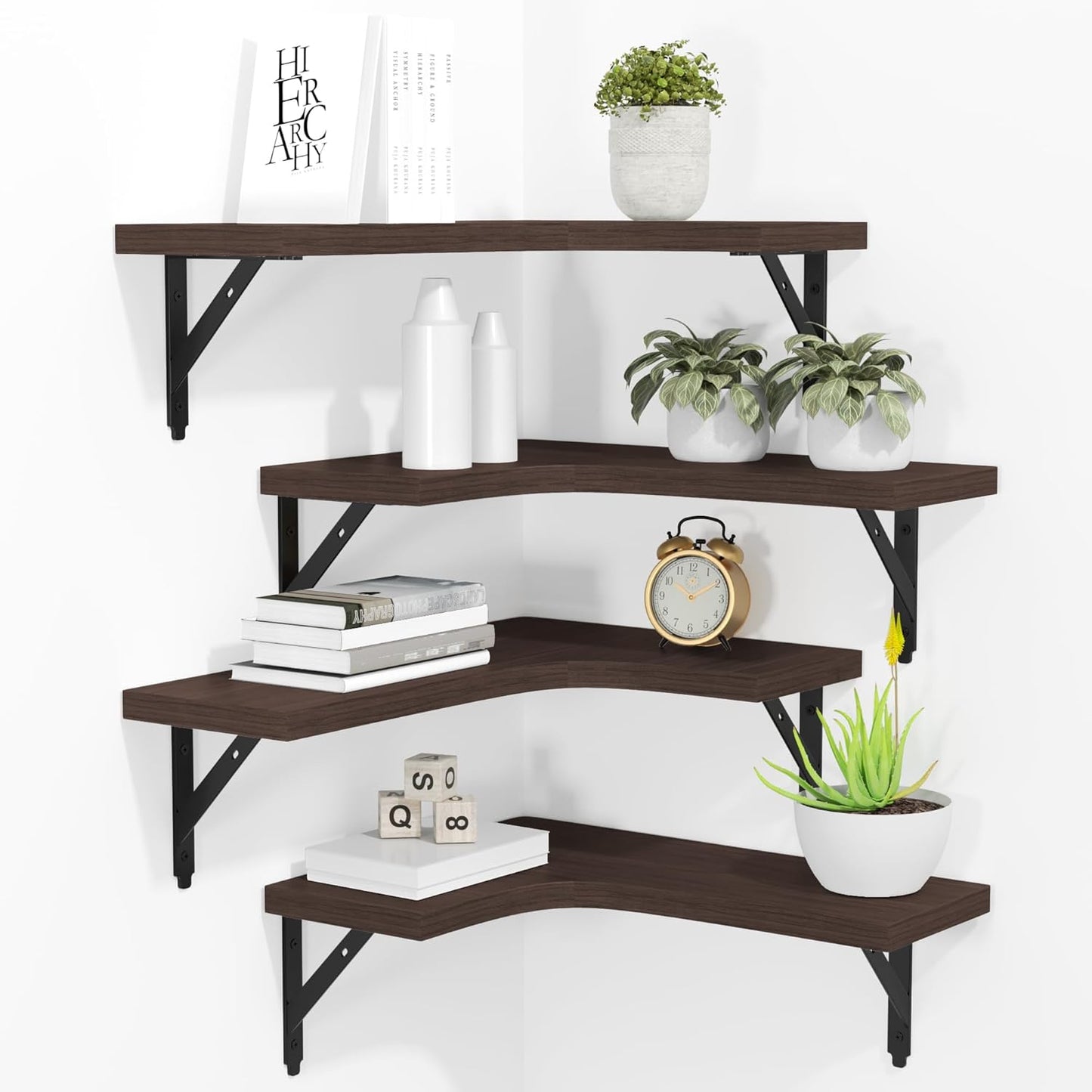 Corner Floating Shelves Wall Mounted Set of 4, Rustic Wood Storage Display Wall Shelves for Home Decor, Bathroom, Kitchen, Bedroom, Living Room, Office (Black)