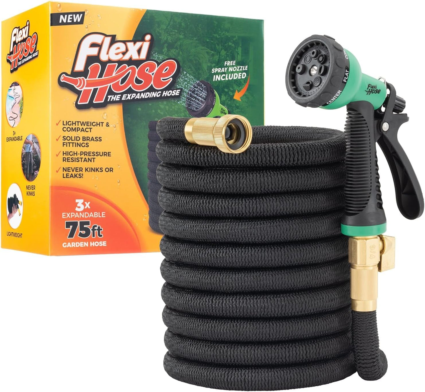 Flexi Hose Expandable Garden Hose with 8 Function Nozzle, 50FT - Lightweight Retractable Garden Hose, Water Hose - No-Kink Flexibility, 3/4 Inch Solid Brass Fittings and Double Latex Core