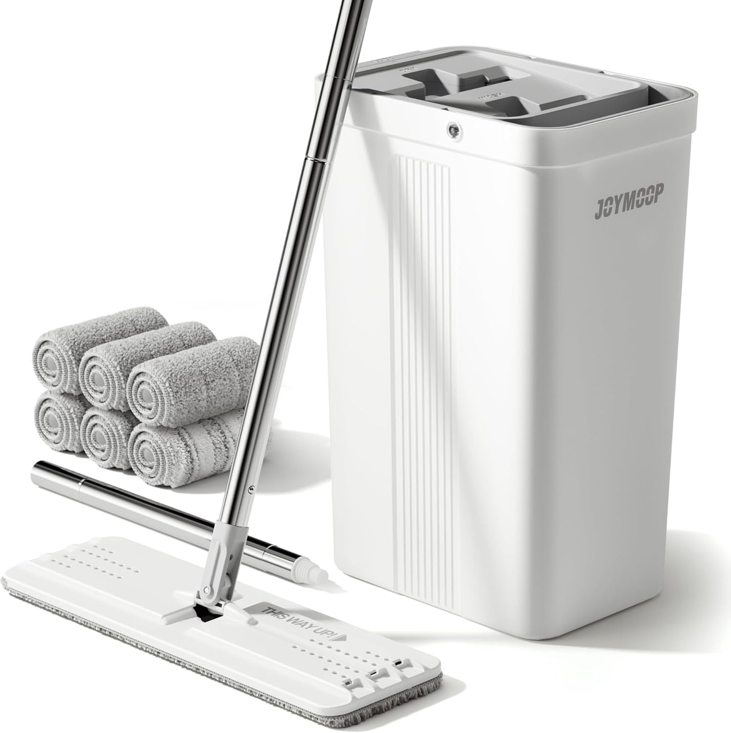 JOYMOOP Mop and Bucket with Wringer Set, Hands Free Flat Floor Mop and Bucket, with 3 Washable Microfiber Pads, Wet and Dry Use, Floor Cleaning System