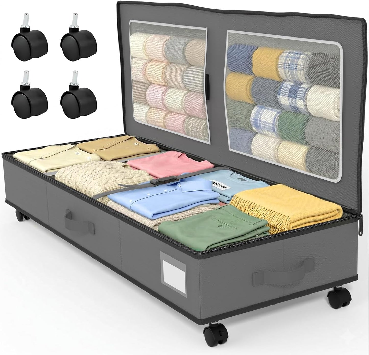GoMaihe Under Bed Storage with Wheels: 70L Rolling Bins for Wrapping Paper Storage, Toys, Clothes - Includes Mesh Bag & Adjustable Dividers, Metal Frame Easy Pull-out Black 1-Pack