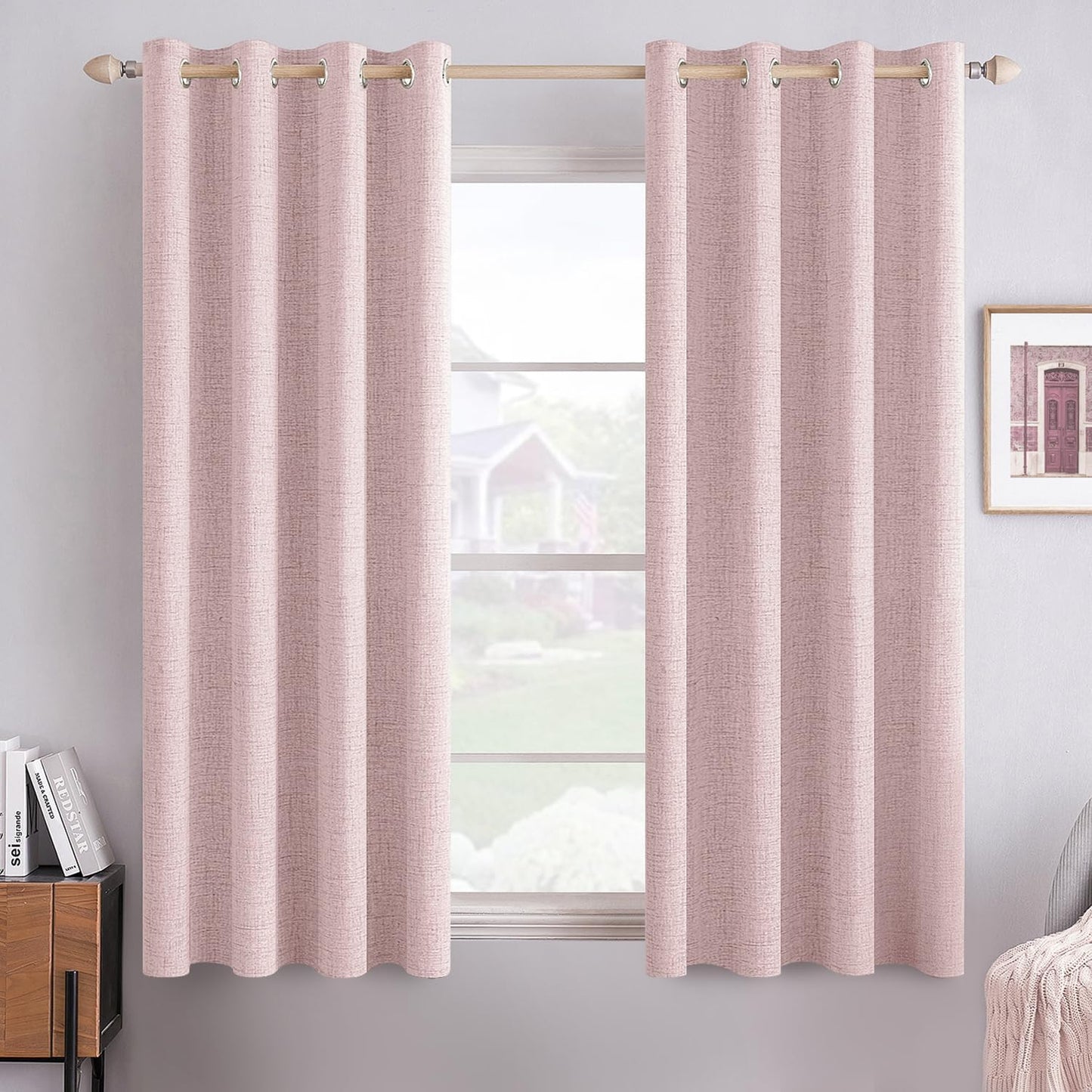 MIULEE 100% Blackout Linen Textured Curtains for Bedroom Solid Thermal Insulated Natural Beige Grommet Room Darkening Curtains & Drapes Luxury Decor for Living Room Nursery 52 x 84 Inch (2 Panels)