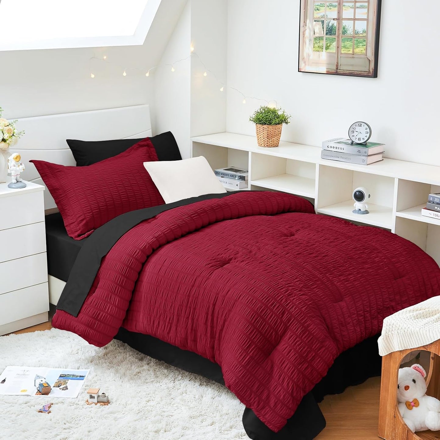 HYMOKEGE Queen Comforter Set Seersucker 7 Pieces, All Season Luxury Bed in a Bag for Bedroom, Bedding Set with Comforters, Sheets, Pillowcases & Shams, Dark Grey