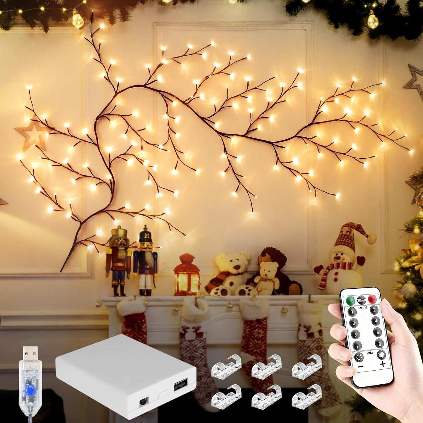 Cherry Enchanted Willow Vine Lights 7.55FT 144LED Pink Cherry Blossom Tree Branch Lights for Wall, Remote Timer,8 Light Model,Bedroom Wall Doors Wedding, Christmas, USB Battery Box