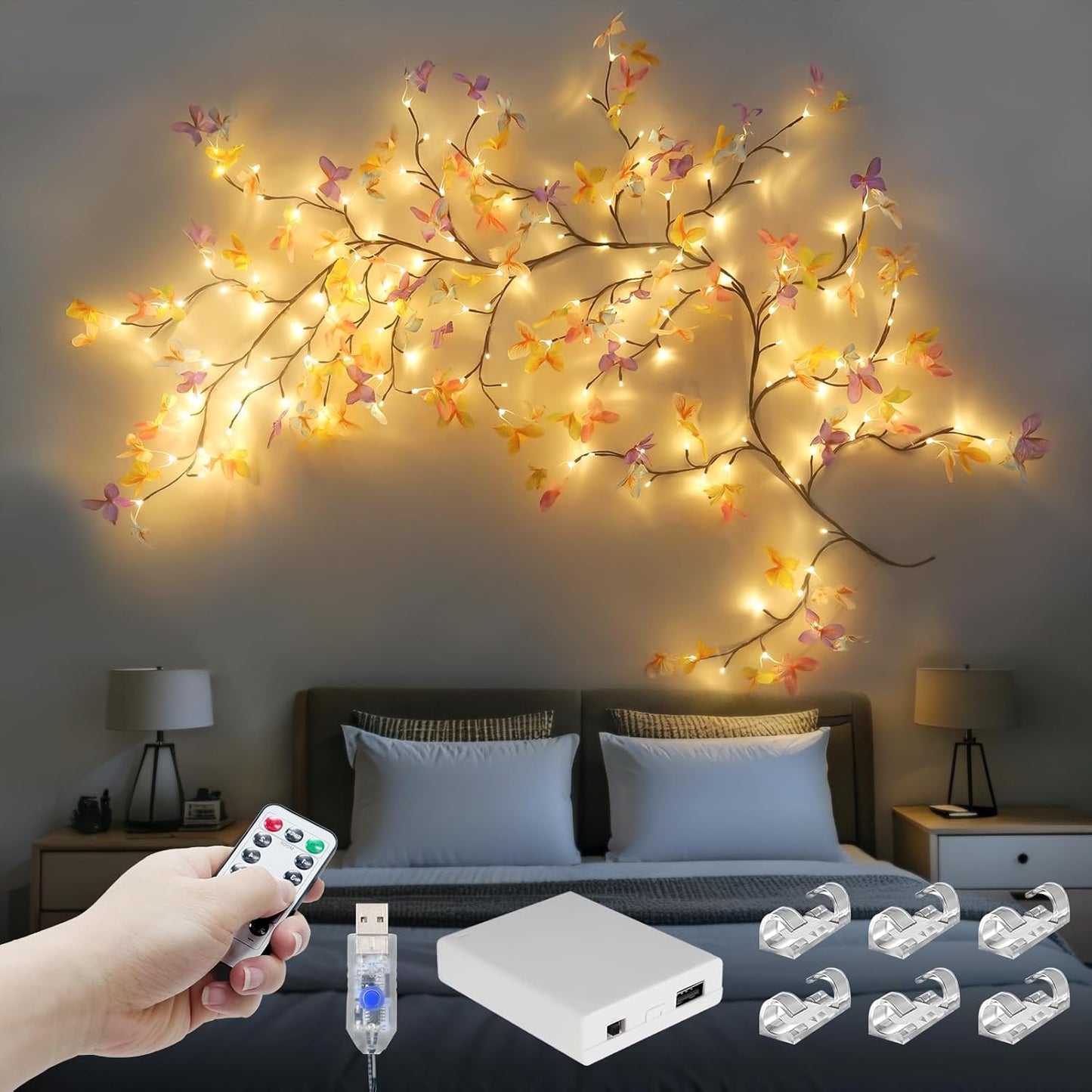Cherry Enchanted Willow Vine Lights 7.55FT 144LED Pink Cherry Blossom Tree Branch Lights for Wall, Remote Timer,8 Light Model,Bedroom Wall Doors Wedding, Christmas, USB Battery Box