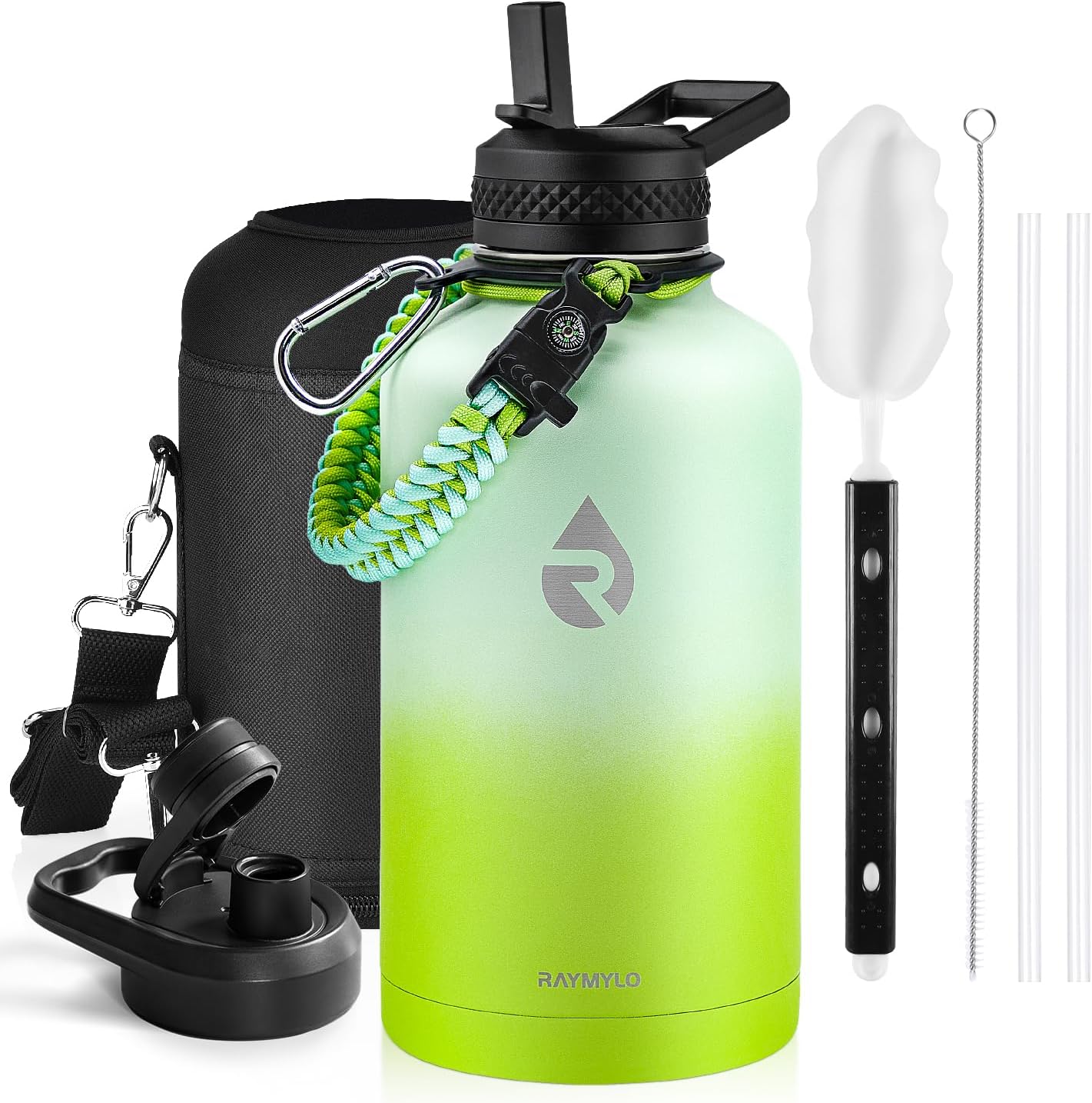 One Gallon Water Bottle Insulated, Triple Walled Vacuum Stainless Steel (Cold for 48 Hrs), Leak Proof & Non-BPA, Large Water Flask Jug with Paracord Handle & Straw Spout Lids