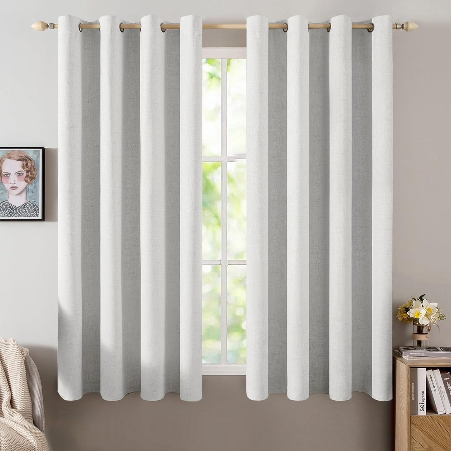 MIULEE 100% Blackout Linen Textured Curtains for Bedroom Solid Thermal Insulated Natural Beige Grommet Room Darkening Curtains & Drapes Luxury Decor for Living Room Nursery 52 x 84 Inch (2 Panels)