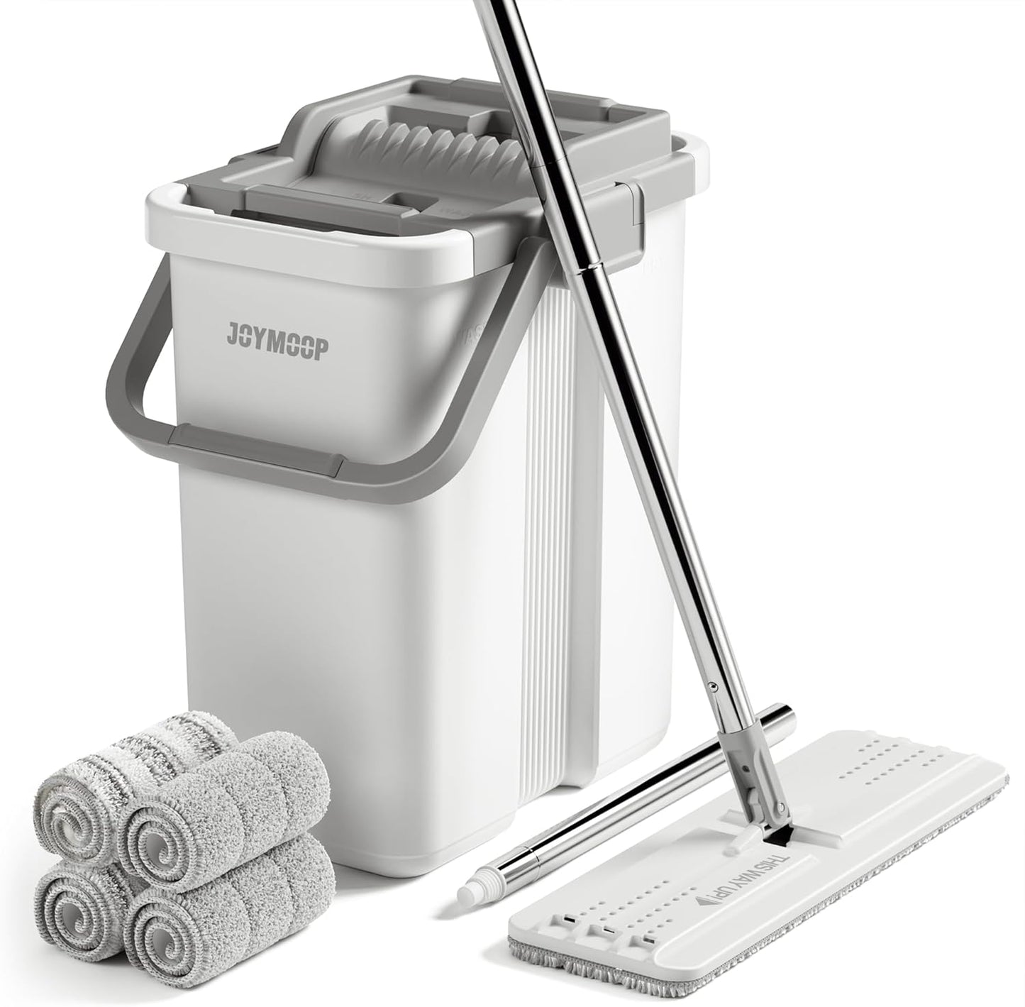 JOYMOOP Mop and Bucket with Wringer Set, Hands Free Flat Floor Mop and Bucket, with 3 Washable Microfiber Pads, Wet and Dry Use, Floor Cleaning System