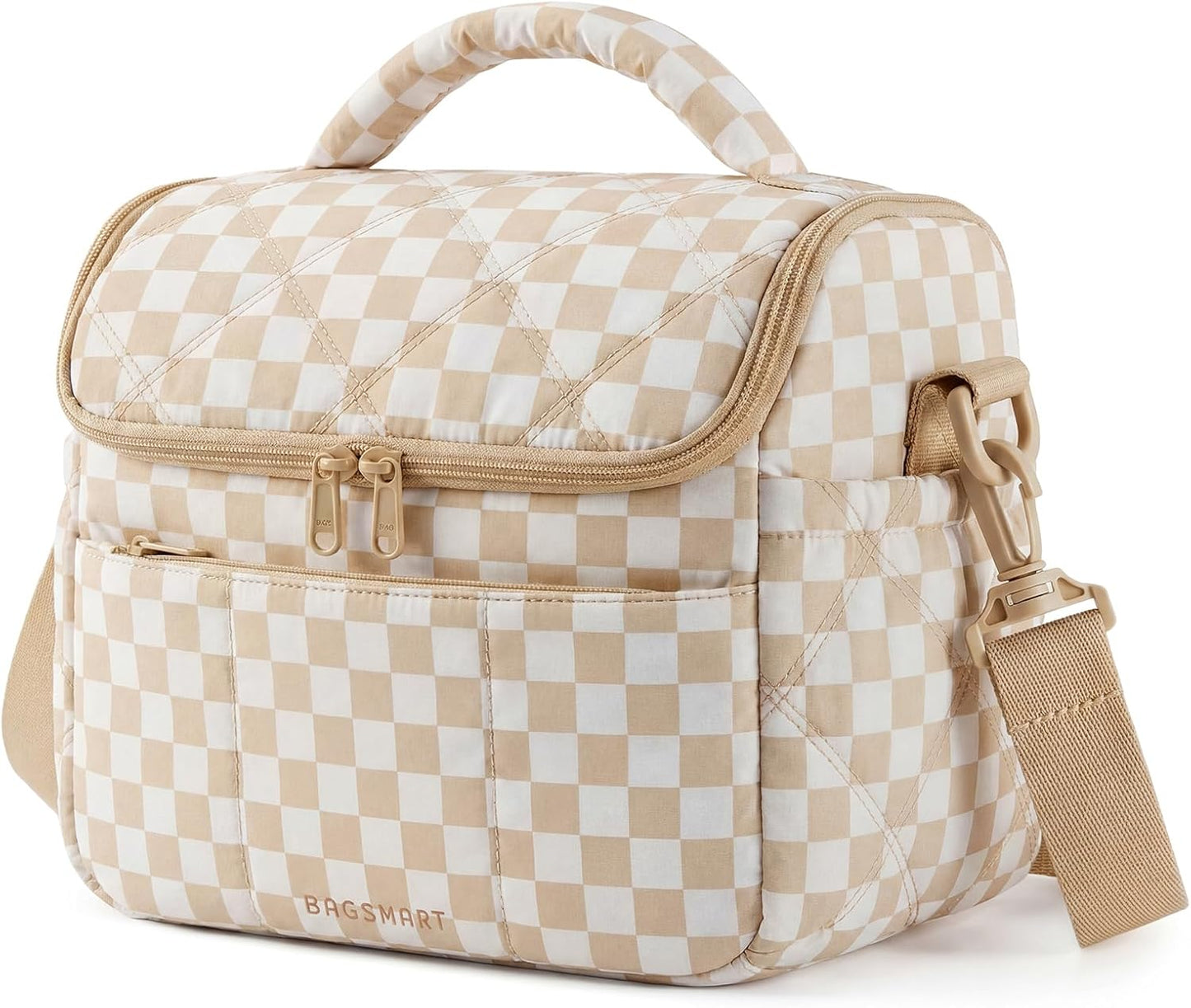 BAGSMART Lunch Bag Women, Double Deck Insulated Lunch Box, Quilted Puffer Lunch Tote, Leakproof, Durable & Reusable Large Lunch Cooler For Work Picnic Travel Meal Prep, Camel