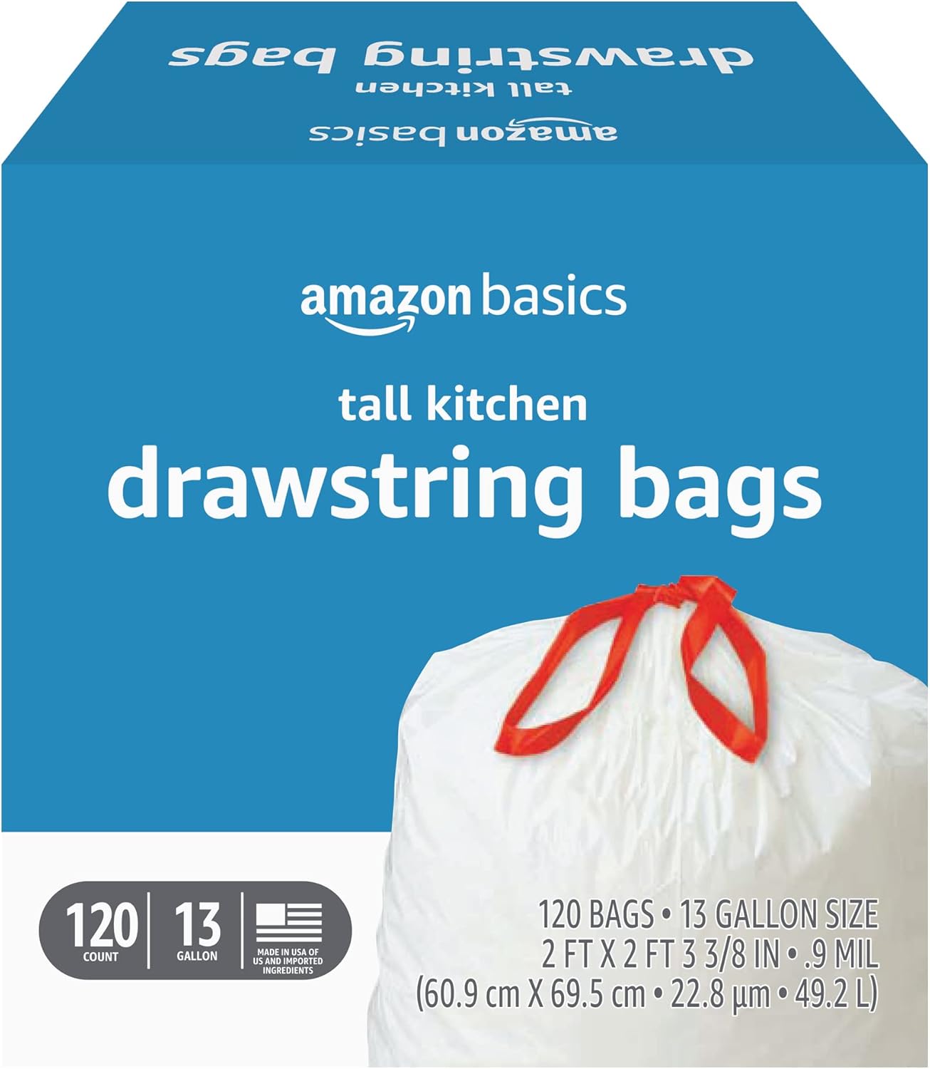 Amazon Basics Tall Kitchen Drawstring Trash Bags, Sturdy, 13 Gallon, Unscented, 200 Count