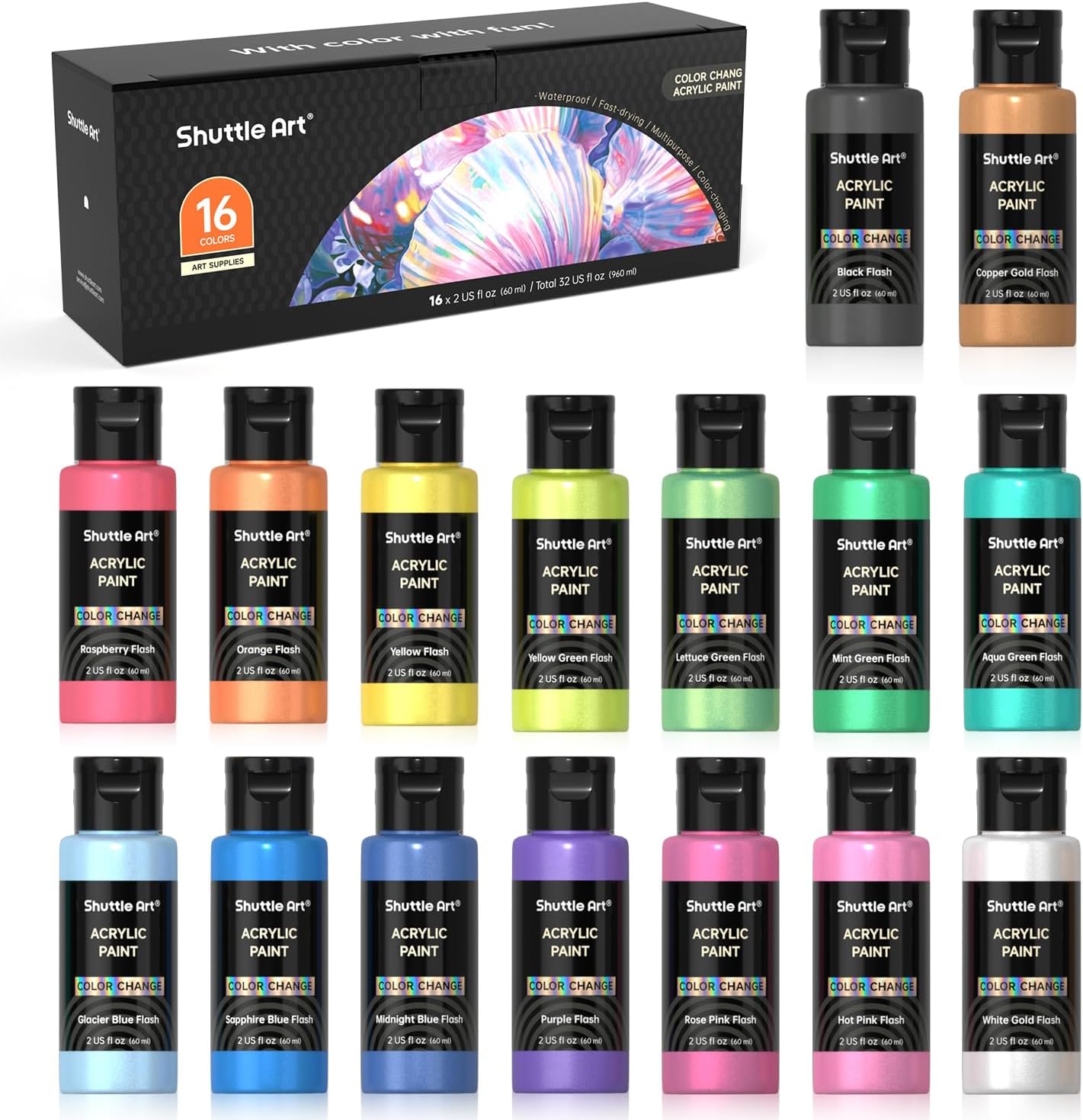 Shuttle Art Acrylic Paint, 50 Colors Acrylic Paint Set, 2oz/60ml Bottles, Rich Pigments, Water Proof, Premium for Artists, Beginners and Kids on Canvas Rocks Wood Ceramic Fabric