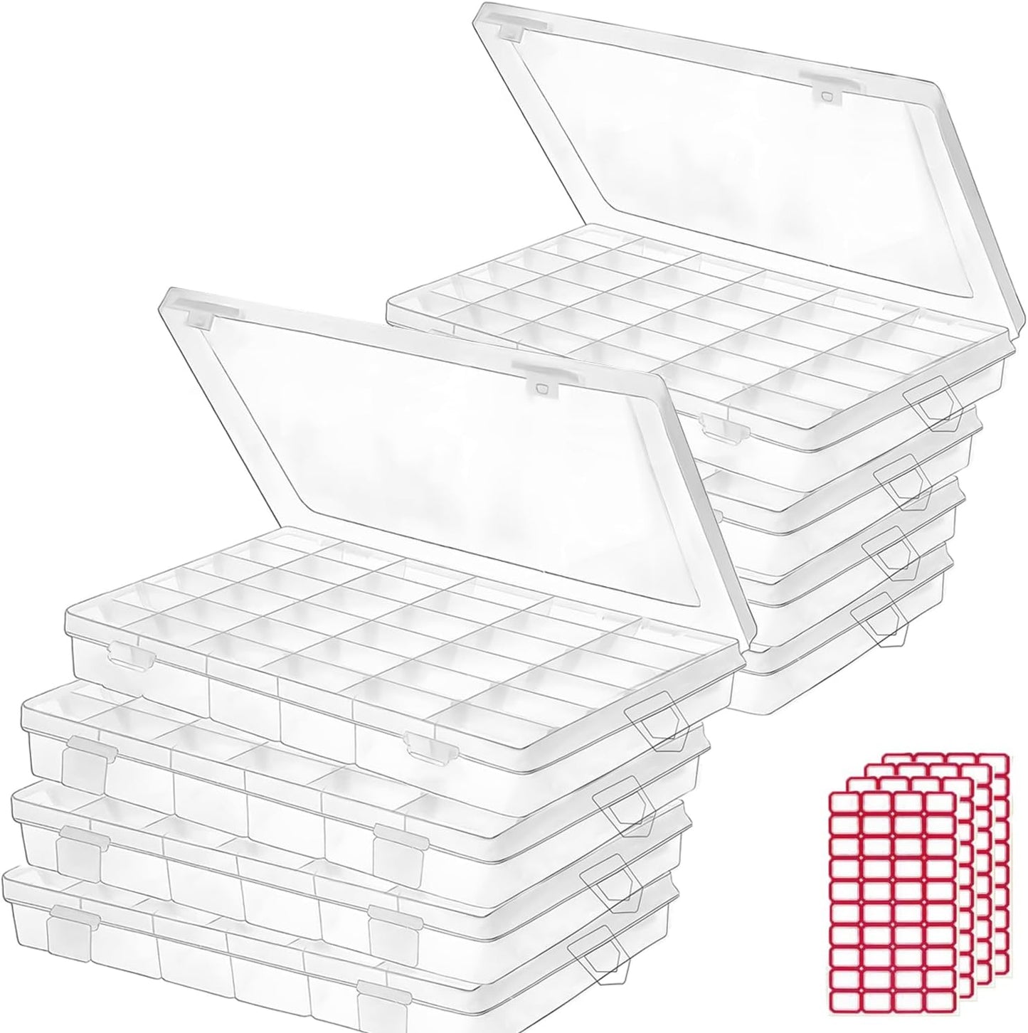 4pack 36 Grids Plastic Clear Organizer Box Bead Storage Containers with Adjustable Dividers for Craft Jewelry Fishing Tackles Parts Storage with 4 Sheets Label Stickers