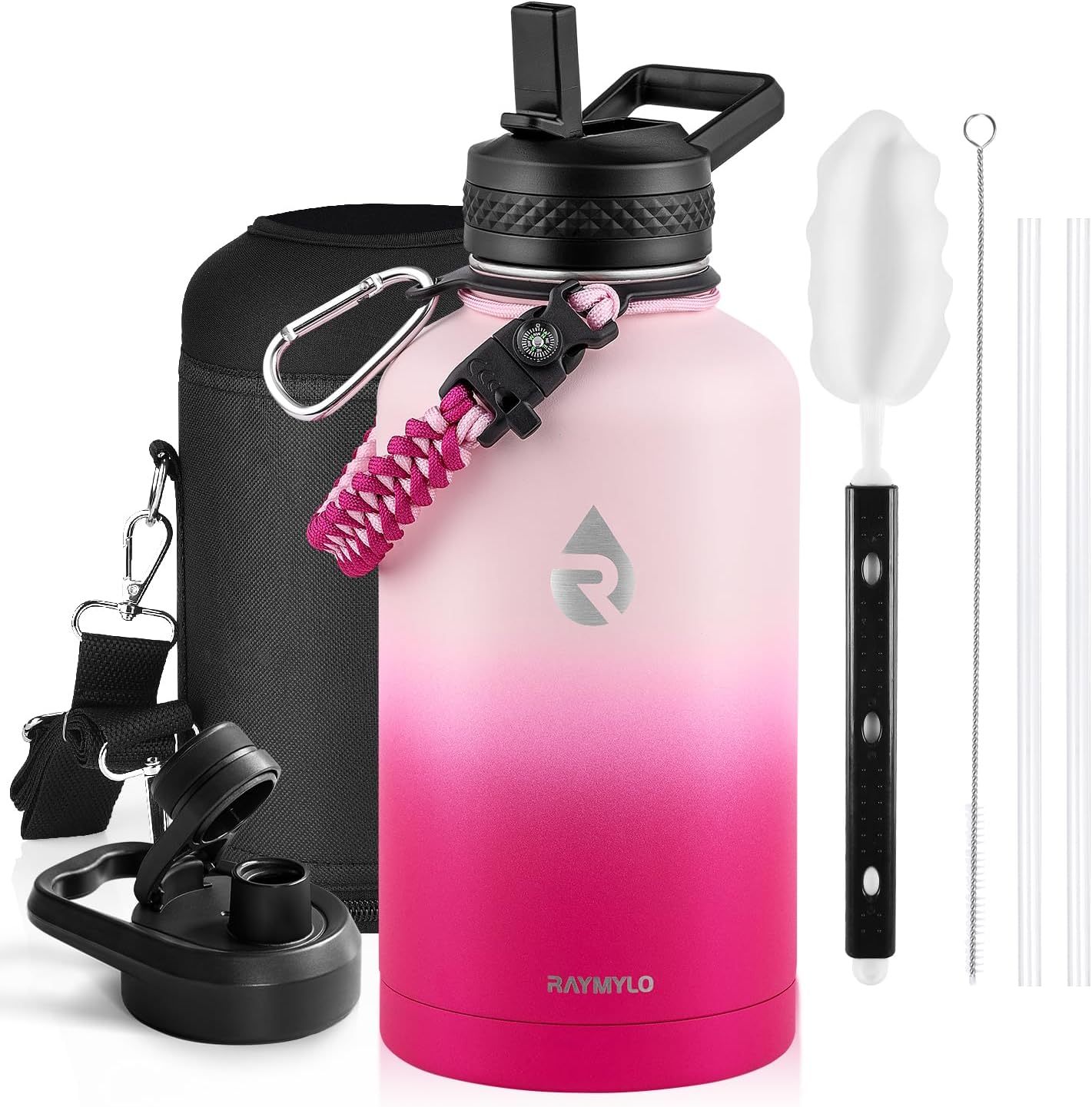 One Gallon Water Bottle Insulated, Triple Walled Vacuum Stainless Steel (Cold for 48 Hrs), Leak Proof & Non-BPA, Large Water Flask Jug with Paracord Handle & Straw Spout Lids