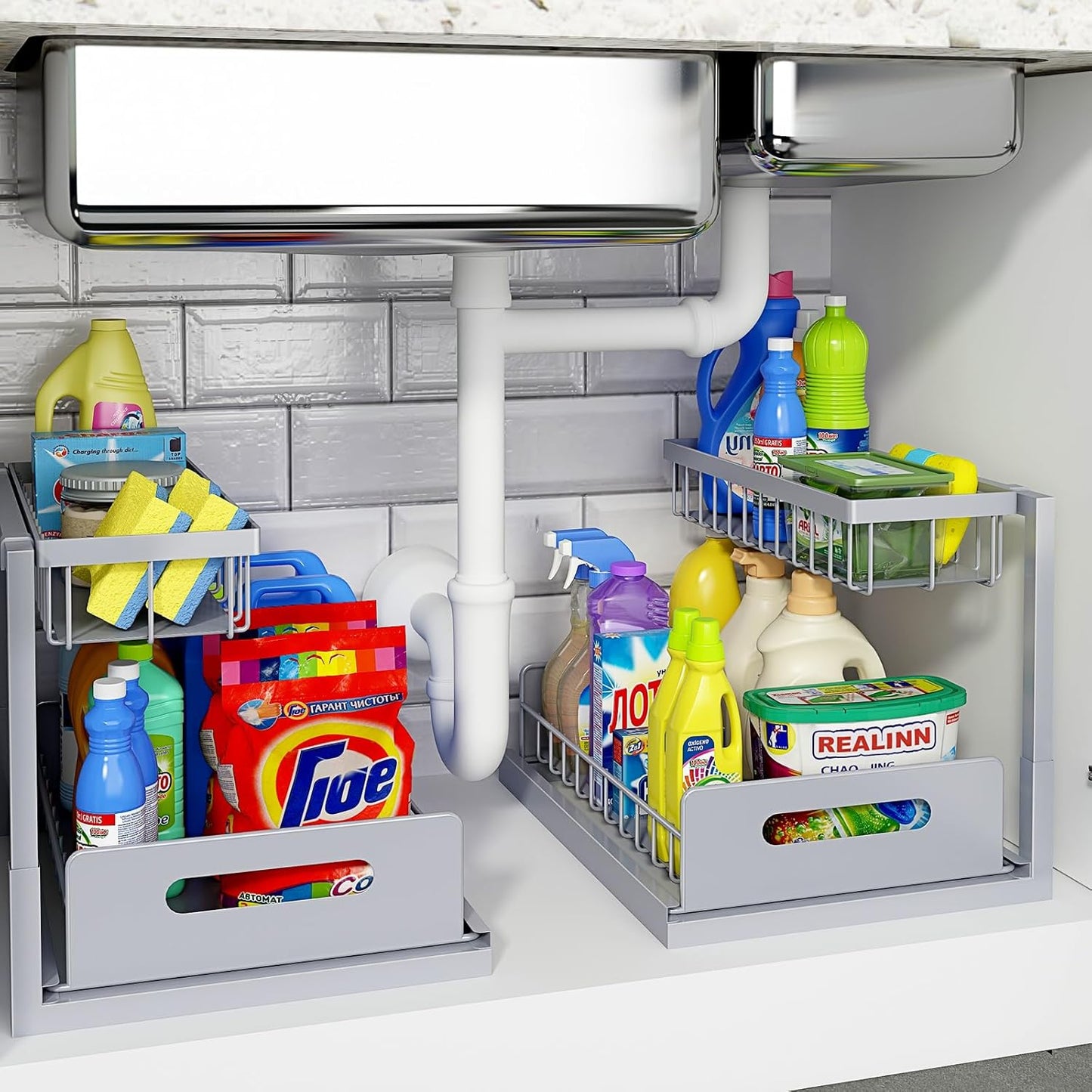 REALINN Under Sink Organizer, Pull Out Cabinet Organizer, 2 Tier Metal Slide Out Shelf with L Shaped Design, Under Cabinet Storage for Kitchen, Bathroom, Laundry, Deep Cabinet Shelf Storage, White