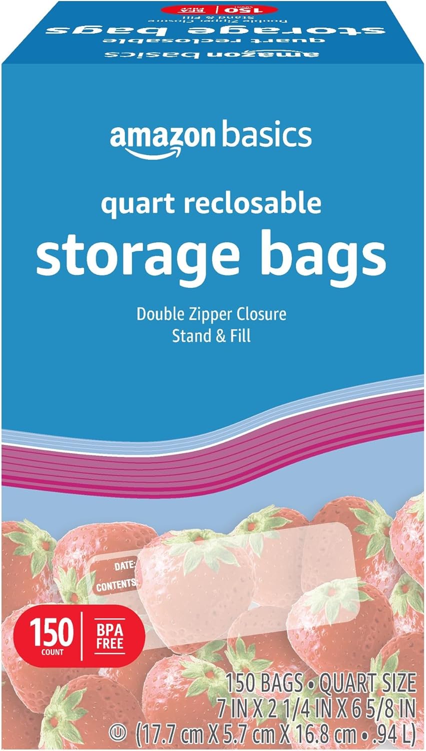 Amazon Basics Reclosable Gallon Food Storage Bags with Double Zipper Seal, Stand and Fill Base, BPA Free, 120 Count