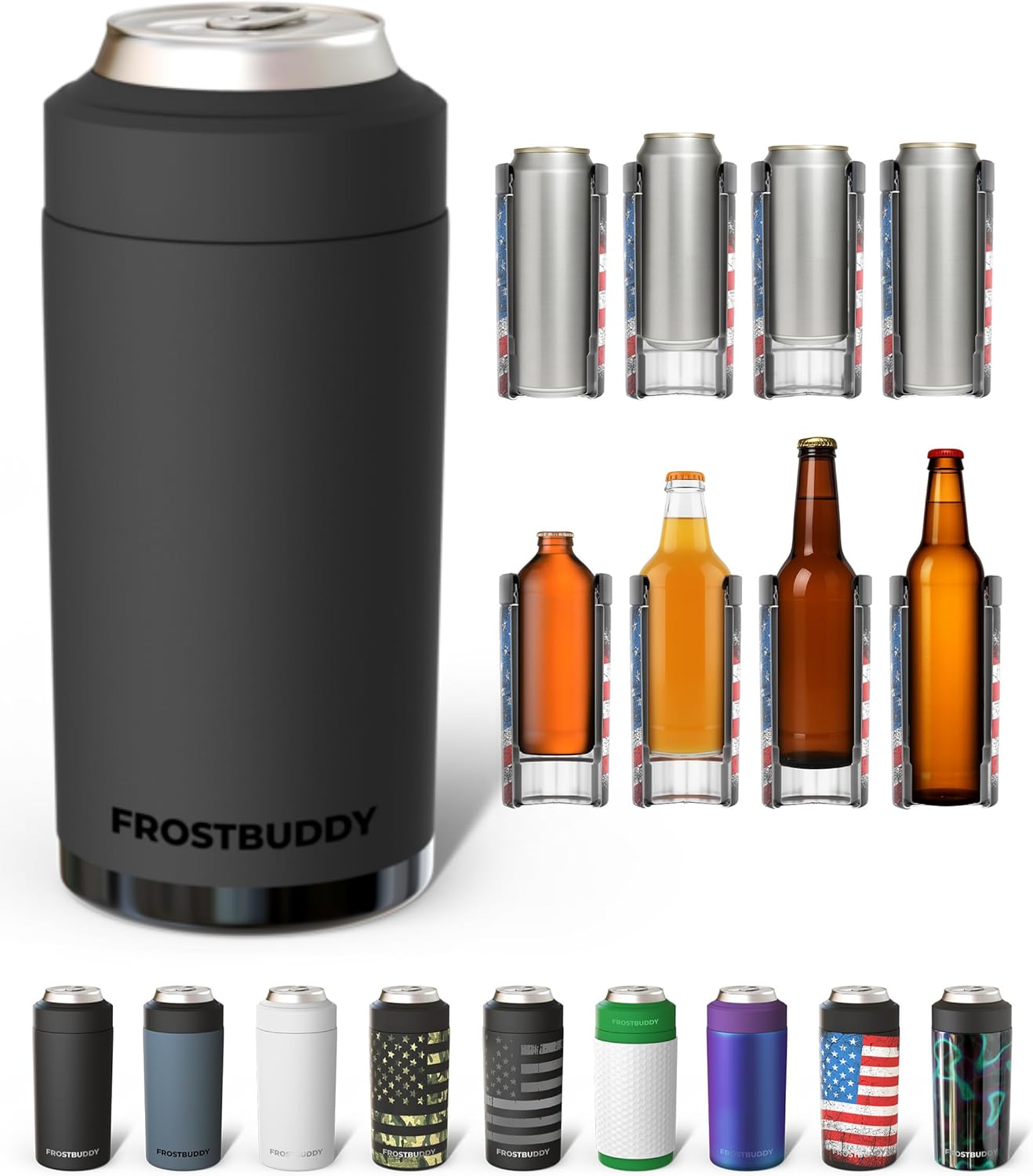 Frost Buddy Universal Can Cooler - Fits All - For Regular 12 & 16 oz or Slim-Size Bottles - Insulated Double-Walled Stainless Steel (MatteBlack)