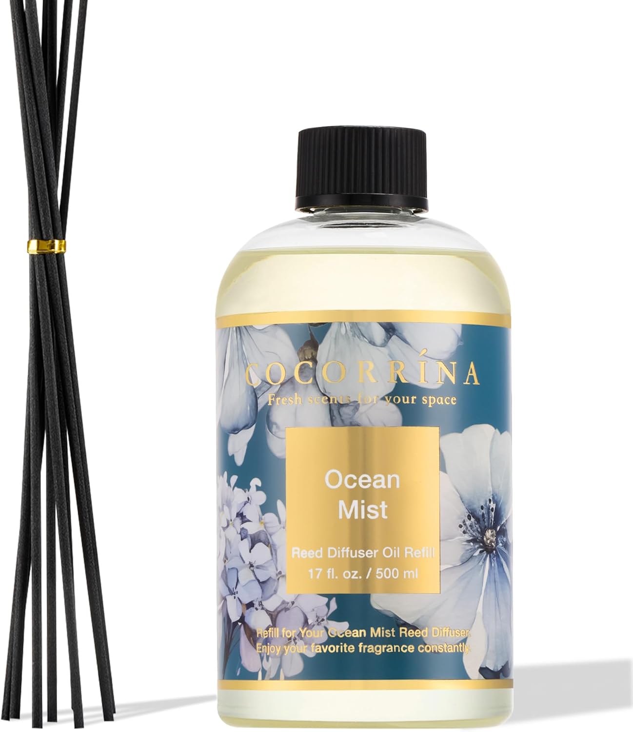 Cocorrína Reed Diffuser Refill Sandalwood Rose 17oz (500ml) with 8 Sticks - Premium Long-Lasting Floral Essential Oil, Home Fragrance for Bedroom, Bathroom Home Decor