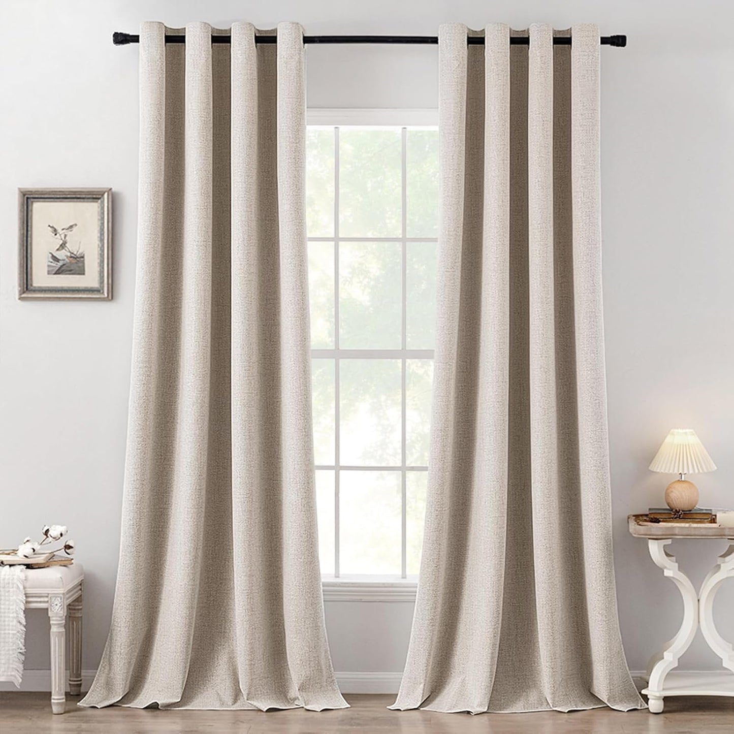 MIULEE 100% Blackout Linen Textured Curtains for Bedroom Solid Thermal Insulated Natural Beige Grommet Room Darkening Curtains & Drapes Luxury Decor for Living Room Nursery 52 x 84 Inch (2 Panels)