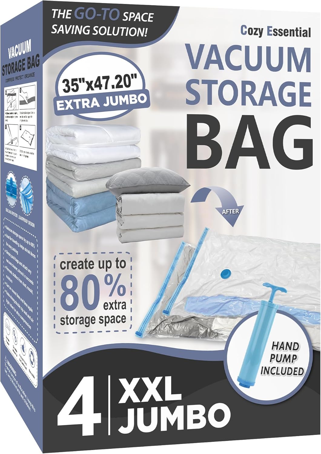 Cozy Essential Vacuum Storage Bags, 80% Compression Vacuum Seal Space Saver Plastic Packaging Bags for Clothes, Blankets, Pillow, Bedding, Comforters, Sealer Clothing Storage,20 Combo