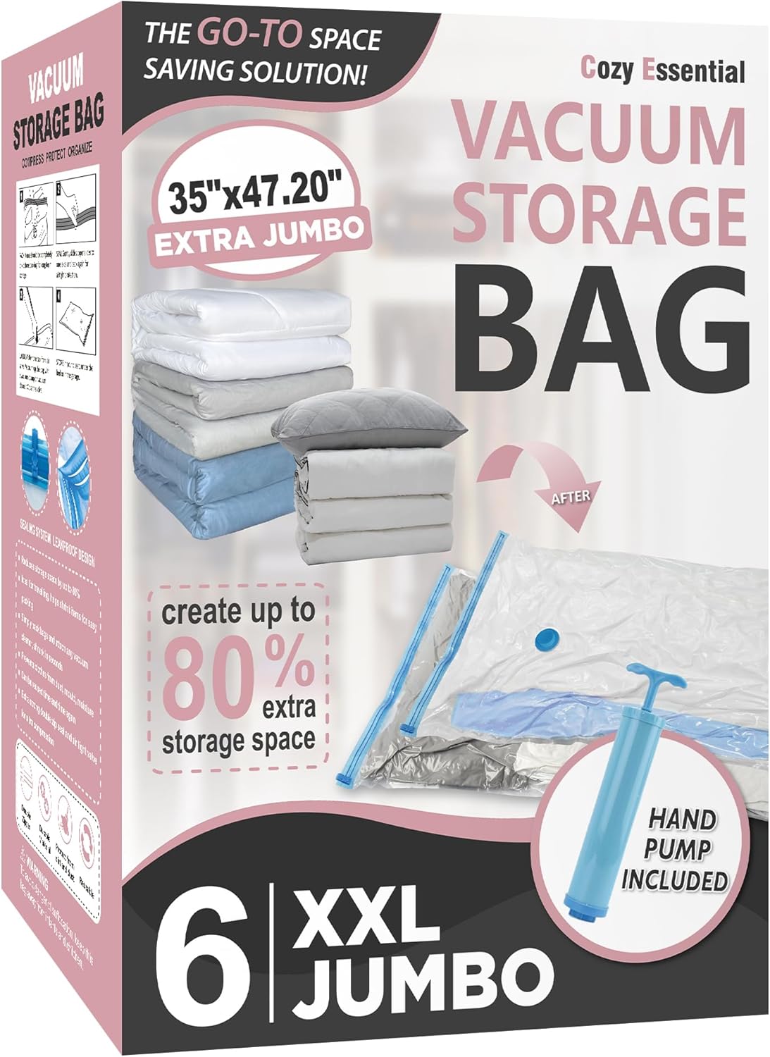 Cozy Essential Vacuum Storage Bags, 80% Compression Vacuum Seal Space Saver Plastic Packaging Bags for Clothes, Blankets, Pillow, Bedding, Comforters, Sealer Clothing Storage,20 Combo