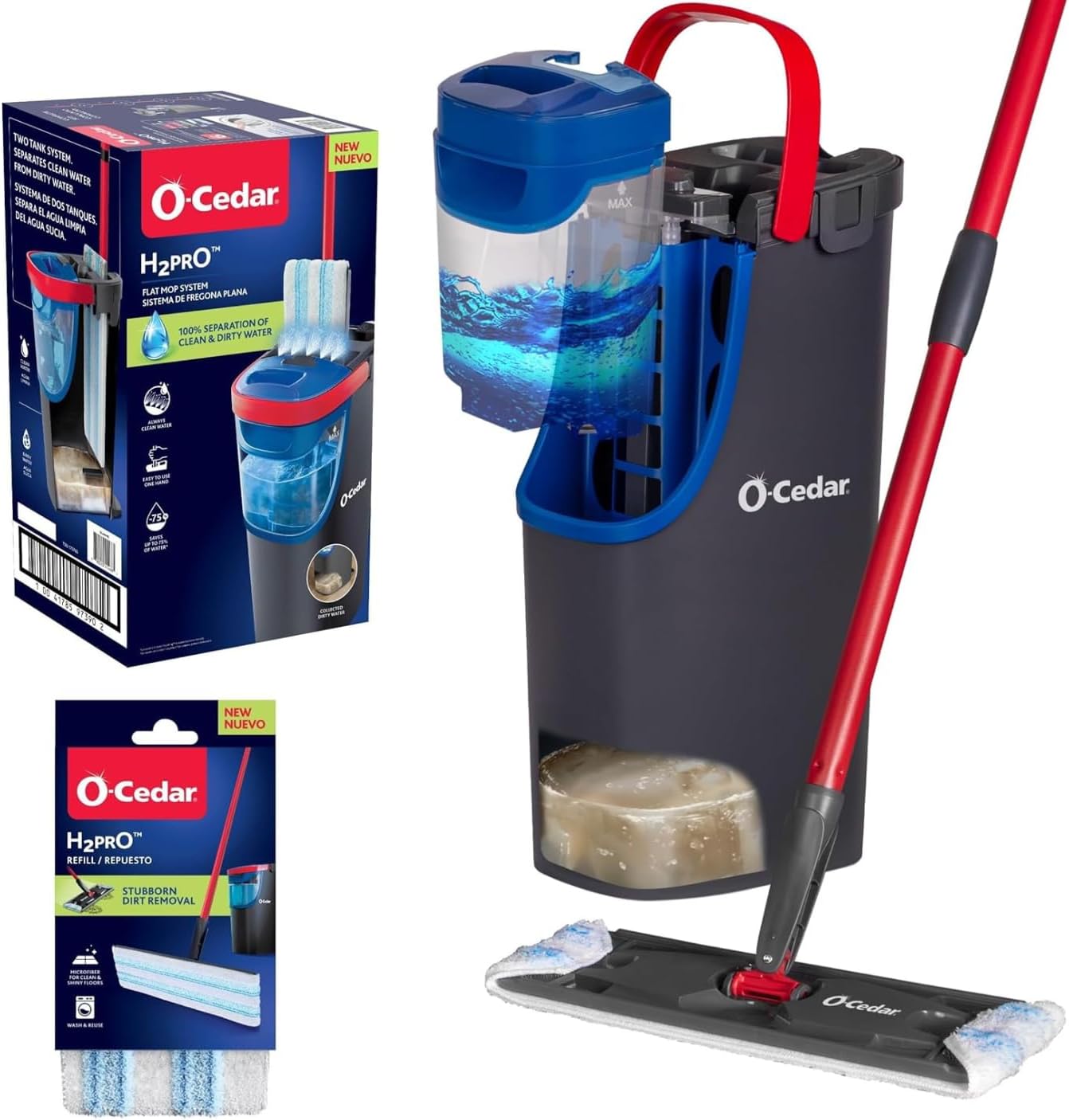 O-Cedar H2prO Flat Mop System | Quick Cleaning Tool | Clean with Water | Machine Washable Reusable Microfiber Mop Pad | Safe on Wood Floors, Vinyl, Tile, Baseboards, Walls