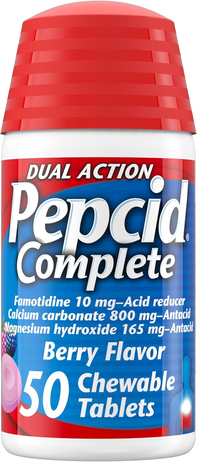 Pepcid Complete Acid Reducer + Antacid Chewables, 10mg Famotidine, 800mg Calcium Carbonate & 165mg Magnesium Hydroxide per Heartburn Medicine Tablet, Antacid Chews, Berry Flavored, 70 ct