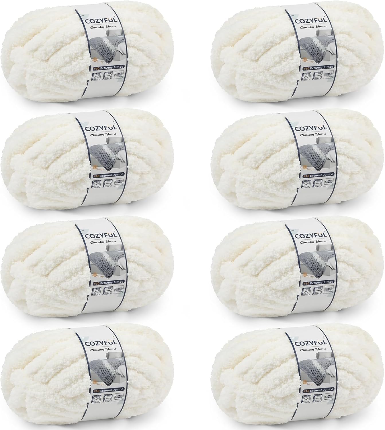 Chunky Yarn for Hand Knitting - #10 Chunky Chenille Yarn, Jumbo Big Thick Chunky Yarns for Crocheting, Super Bulky Chunky Knit Blanket Yarns, 8 Skein (25 yds 8 oz Each Skein), Cream