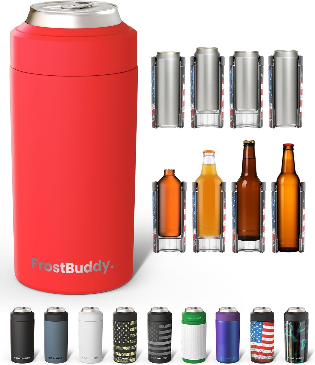 Frost Buddy Universal Can Cooler - Fits All - For Regular 12 & 16 oz or Slim-Size Bottles - Insulated Double-Walled Stainless Steel (MatteBlack)