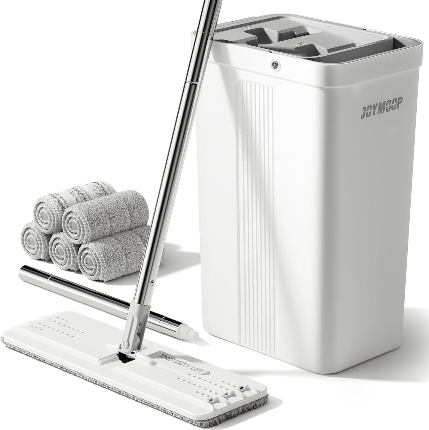 JOYMOOP Mop and Bucket with Wringer Set, Hands Free Flat Floor Mop and Bucket, with 3 Washable Microfiber Pads, Wet and Dry Use, Floor Cleaning System