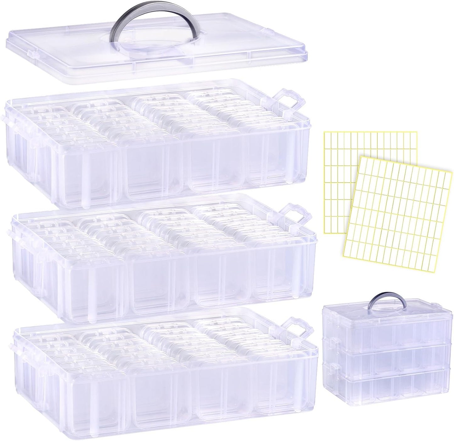 Funtopia Bead Organizers and Storage, 56 Pcs Small Plastic Containers with Lids and 3-Tier Stackable Storage Box, Mini Clear Organizers for Jewelry Toys Craft Storage (4 Sizes)