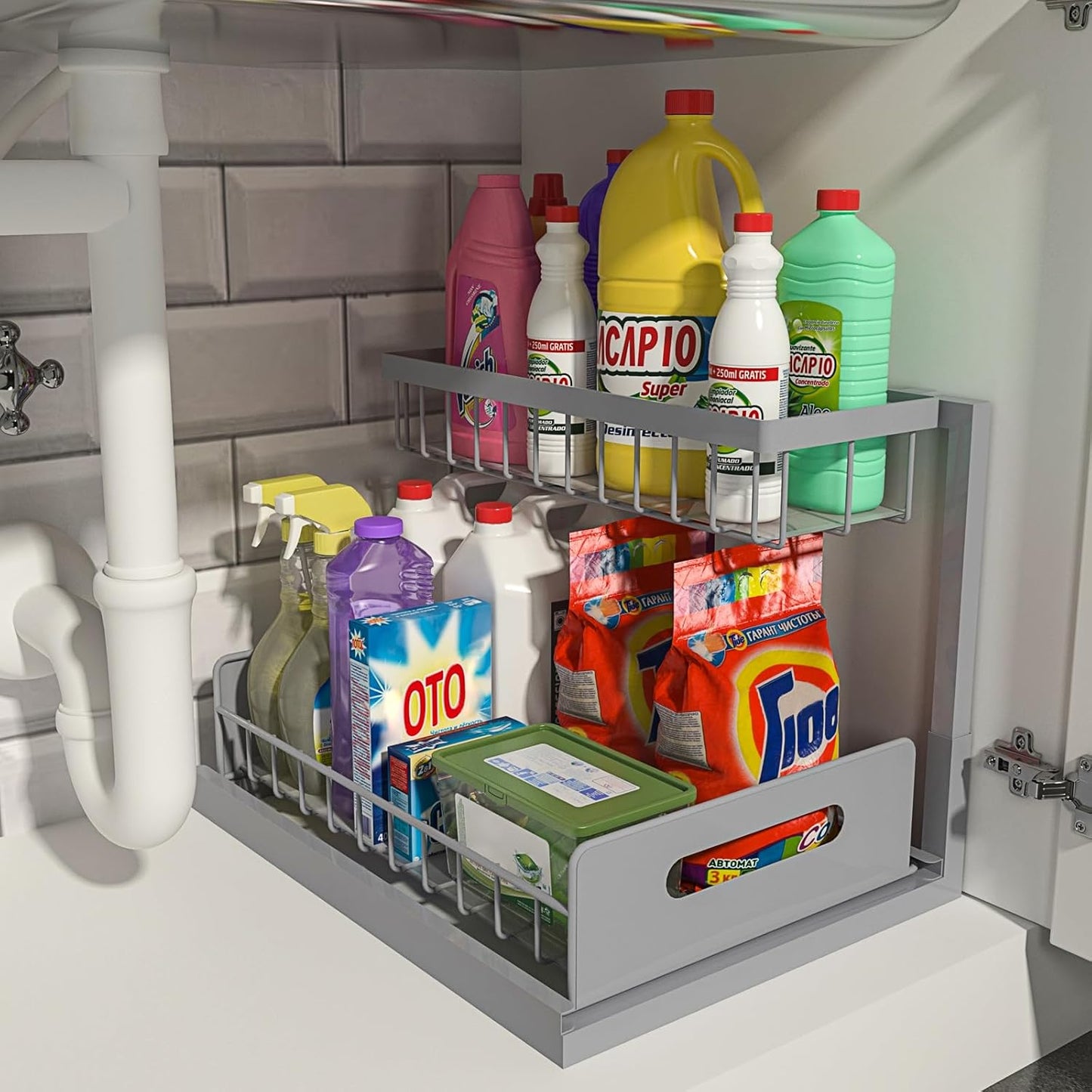 REALINN Under Sink Organizer, Pull Out Cabinet Organizer, 2 Tier Metal Slide Out Shelf with L Shaped Design, Under Cabinet Storage for Kitchen, Bathroom, Laundry, Deep Cabinet Shelf Storage, White