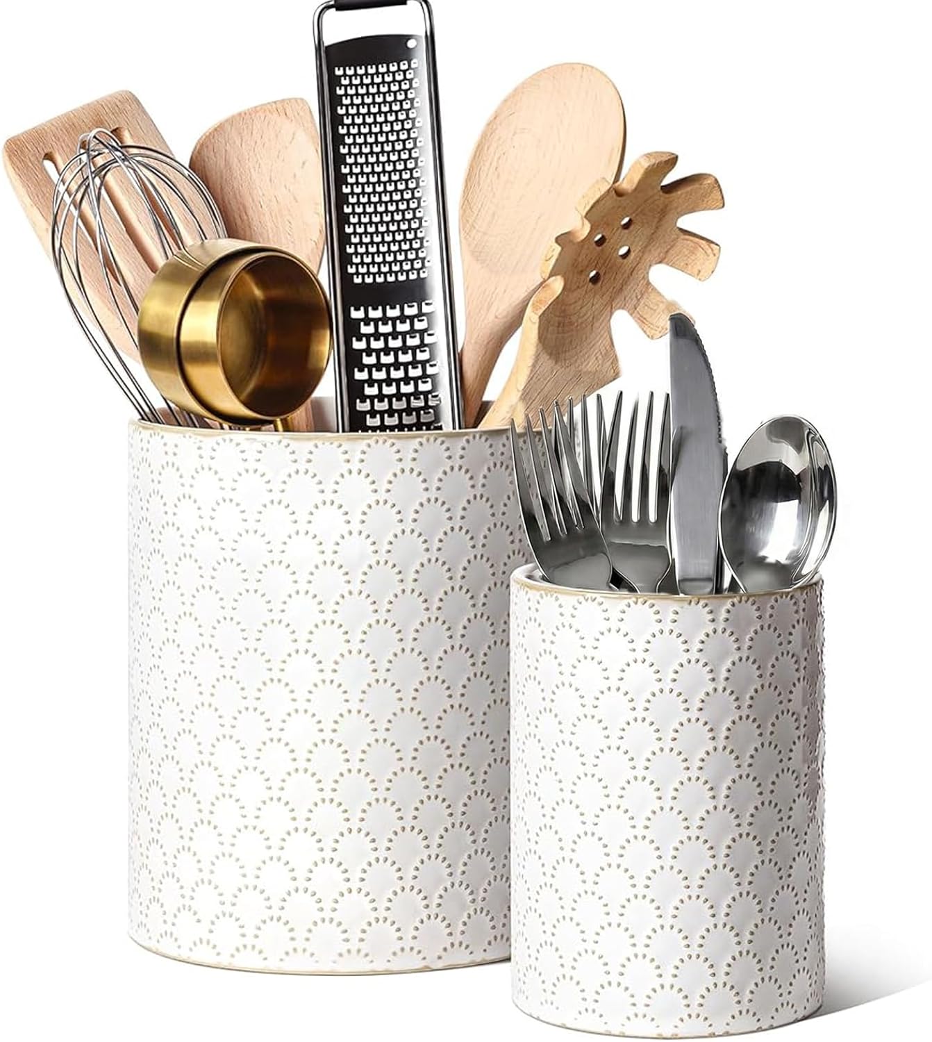 LE TAUCI Utensil Holder for Kitchen Counter - 6.9"+5.3" Ceramic Kitchen Utensil Holder Set of 2, Large Cooking Utensil Crock & Organizer for Spatula, Spoon - Embossed Kitchen Decor, White,Bee