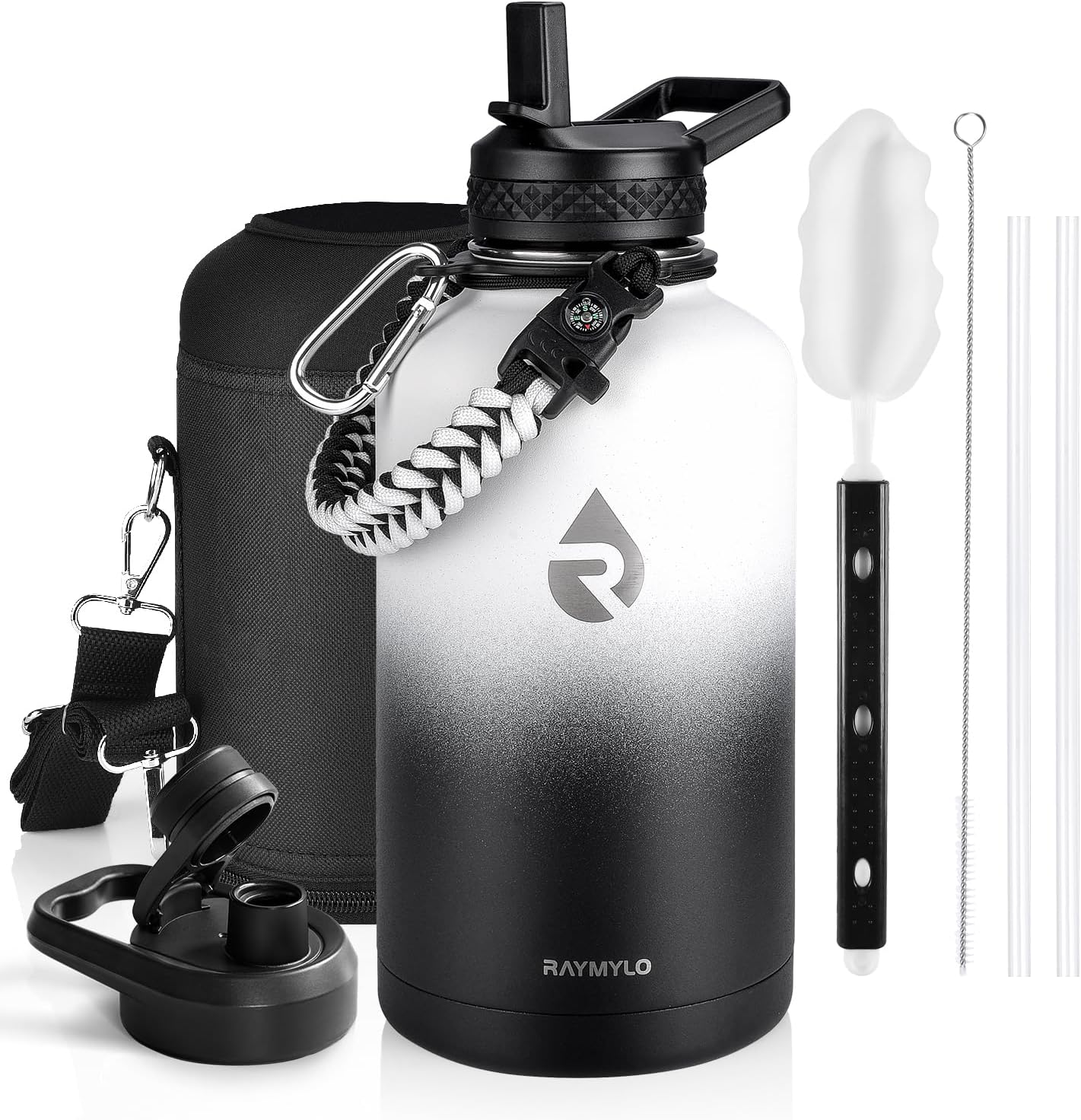One Gallon Water Bottle Insulated, Triple Walled Vacuum Stainless Steel (Cold for 48 Hrs), Leak Proof & Non-BPA, Large Water Flask Jug with Paracord Handle & Straw Spout Lids