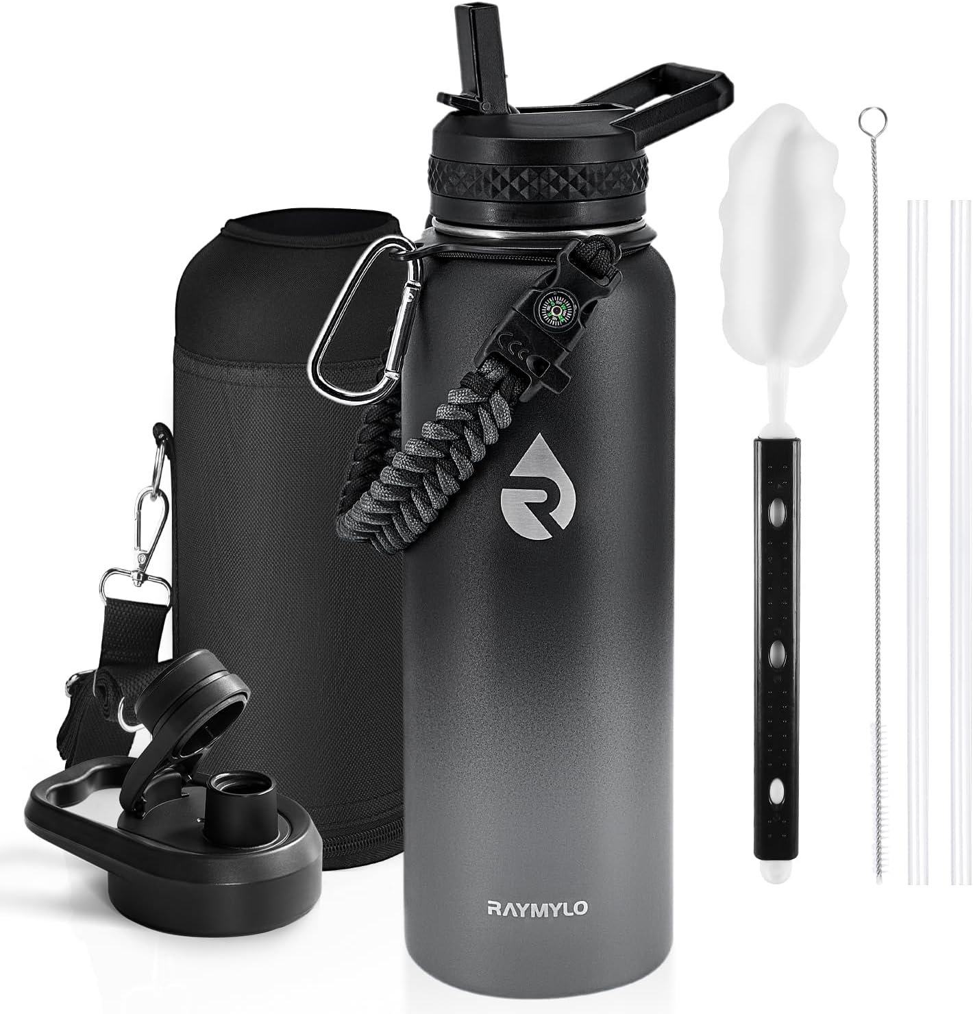 One Gallon Water Bottle Insulated, Triple Walled Vacuum Stainless Steel (Cold for 48 Hrs), Leak Proof & Non-BPA, Large Water Flask Jug with Paracord Handle & Straw Spout Lids