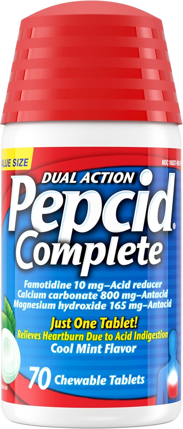 Pepcid Complete Acid Reducer + Antacid Chewables, 10mg Famotidine, 800mg Calcium Carbonate & 165mg Magnesium Hydroxide per Heartburn Medicine Tablet, Antacid Chews, Berry Flavored, 70 ct