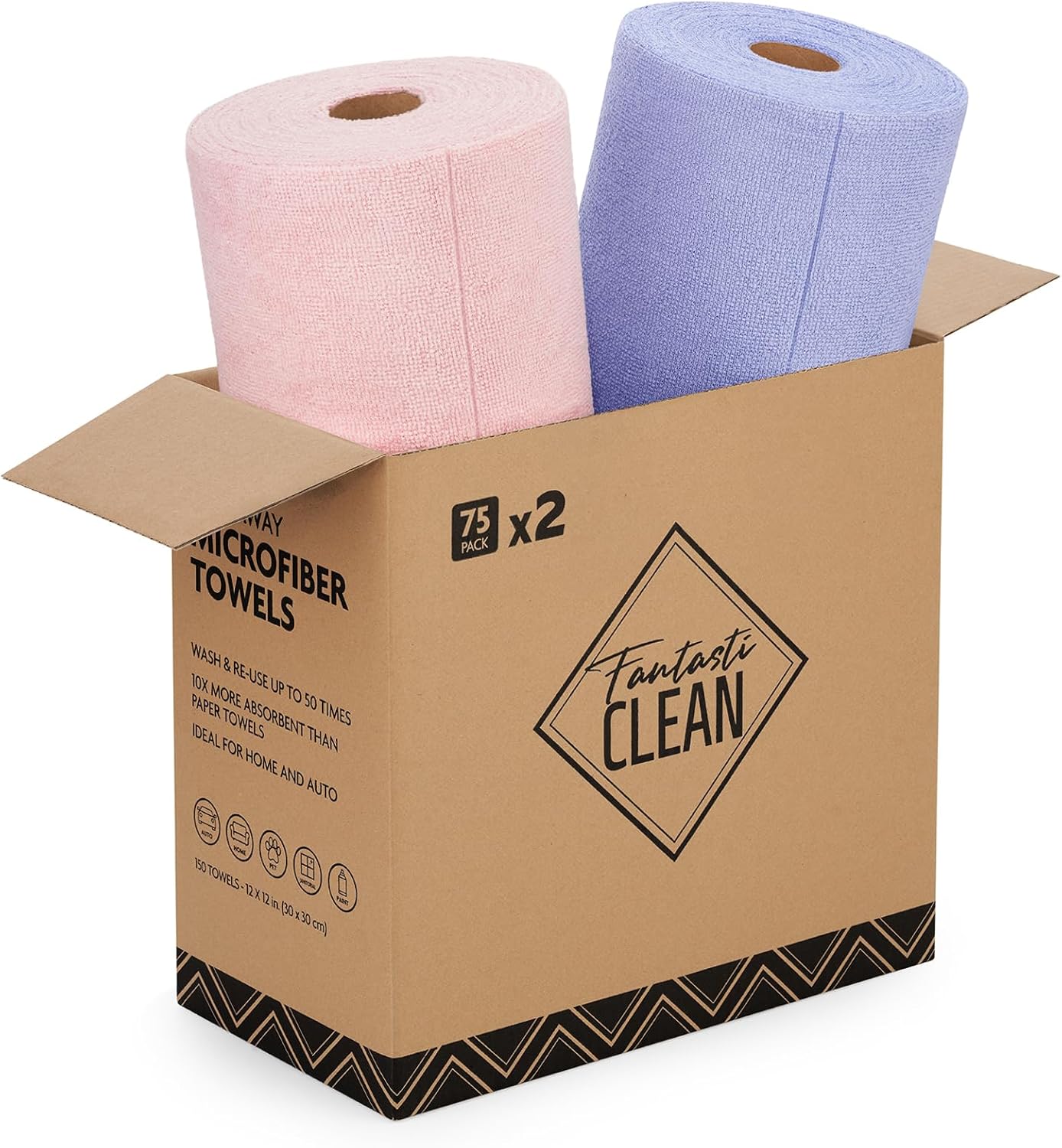 Fantasticlean Microfiber Cleaning Cloth Roll -75 Pack, Tear Away Microfiber Towels, 12" x 12", Reusable, Washable, Scratch Free, Ultra Absorbent Dishcloth for All-Around Cleaning Supplies (Pink)