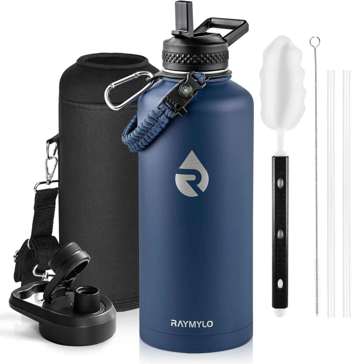 One Gallon Water Bottle Insulated, Triple Walled Vacuum Stainless Steel (Cold for 48 Hrs), Leak Proof & Non-BPA, Large Water Flask Jug with Paracord Handle & Straw Spout Lids