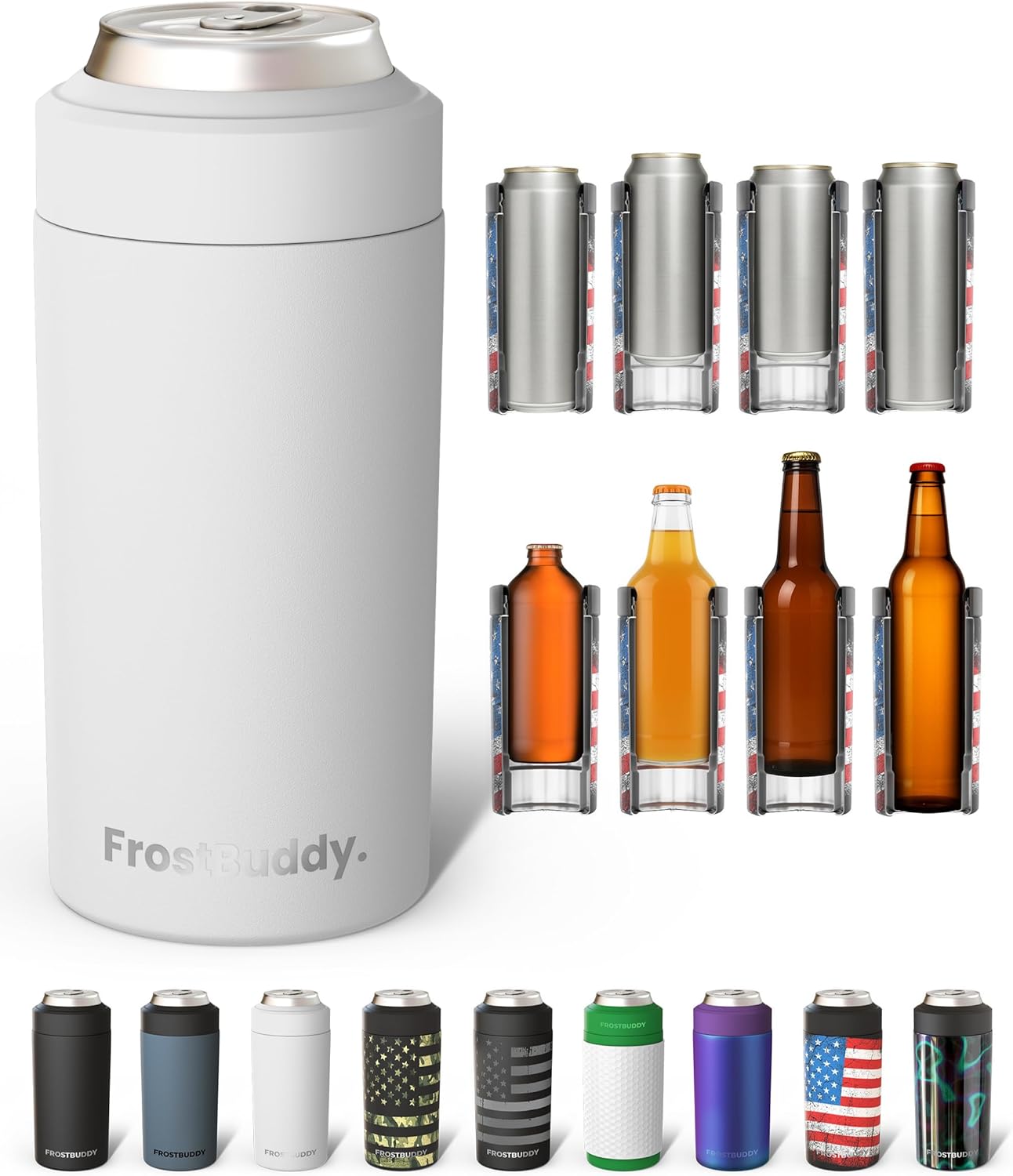 Frost Buddy Universal Can Cooler - Fits All - For Regular 12 & 16 oz or Slim-Size Bottles - Insulated Double-Walled Stainless Steel (MatteBlack)